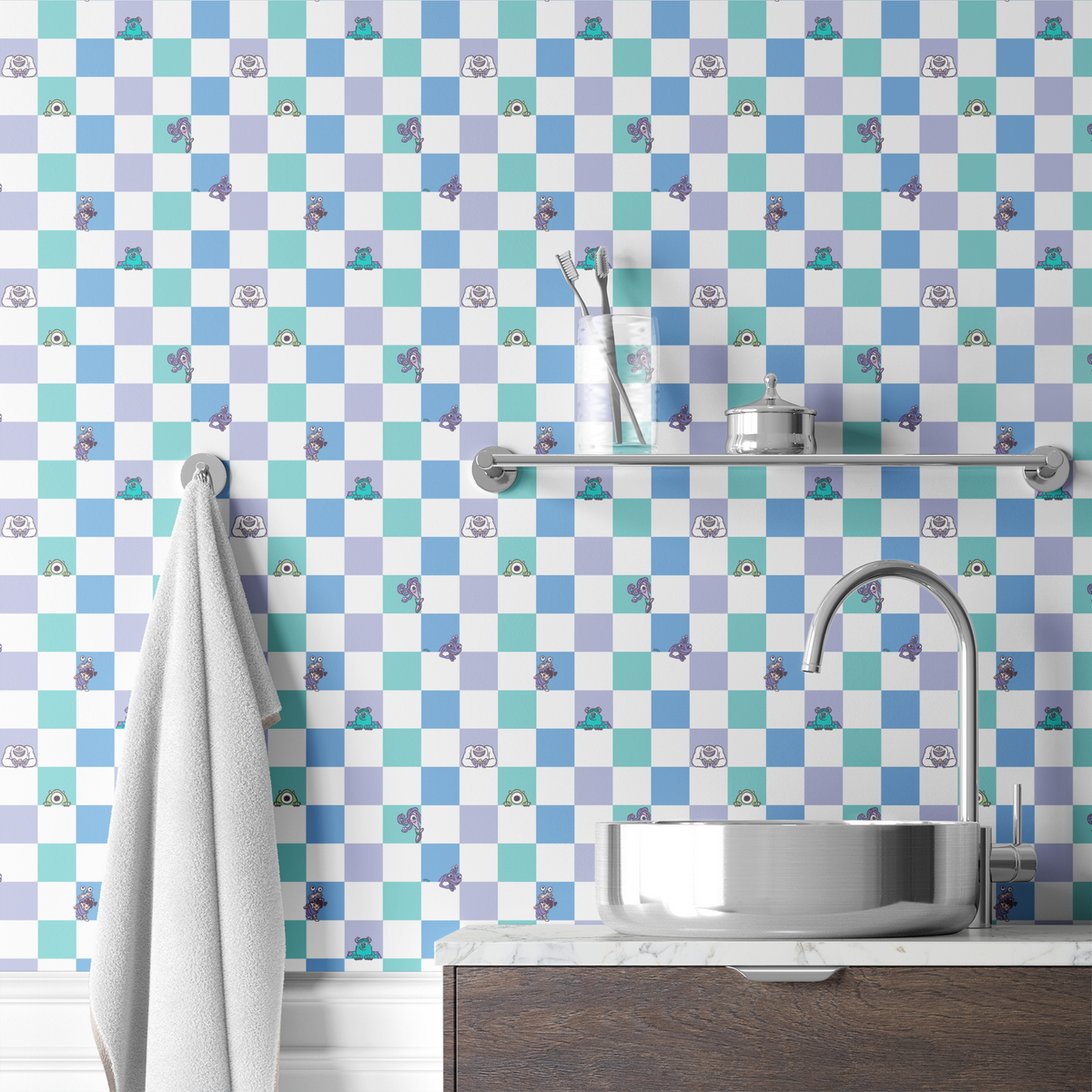 Monsters Inc characters on a checkered pattern of white, mint green, light purple, and blue squares wallpaper bath mockup