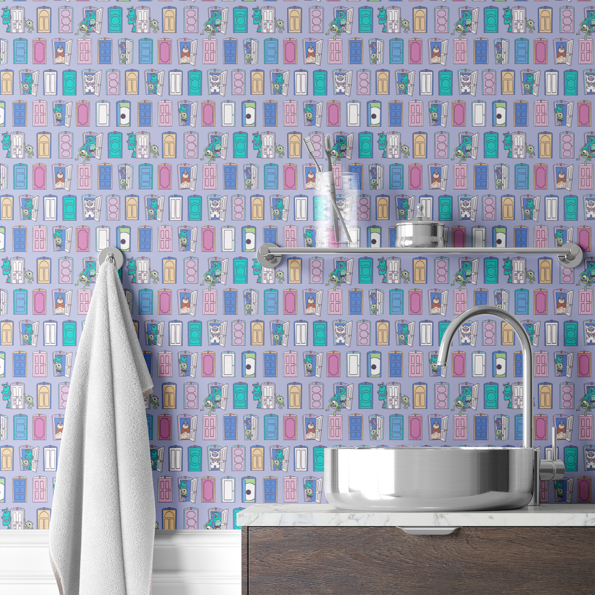 Colorful pattern of cartoon monster characters peeking through various doors in purple, blue, pink, and green on a lavender background. wallpaper bath mockup