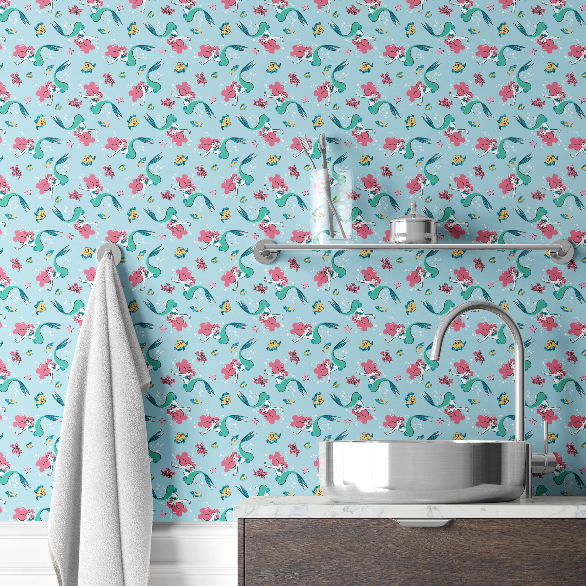 Underwater pattern with colorful mermaids, tropical fish, crabs, and starfish on light blue background wallpaper bath mockup