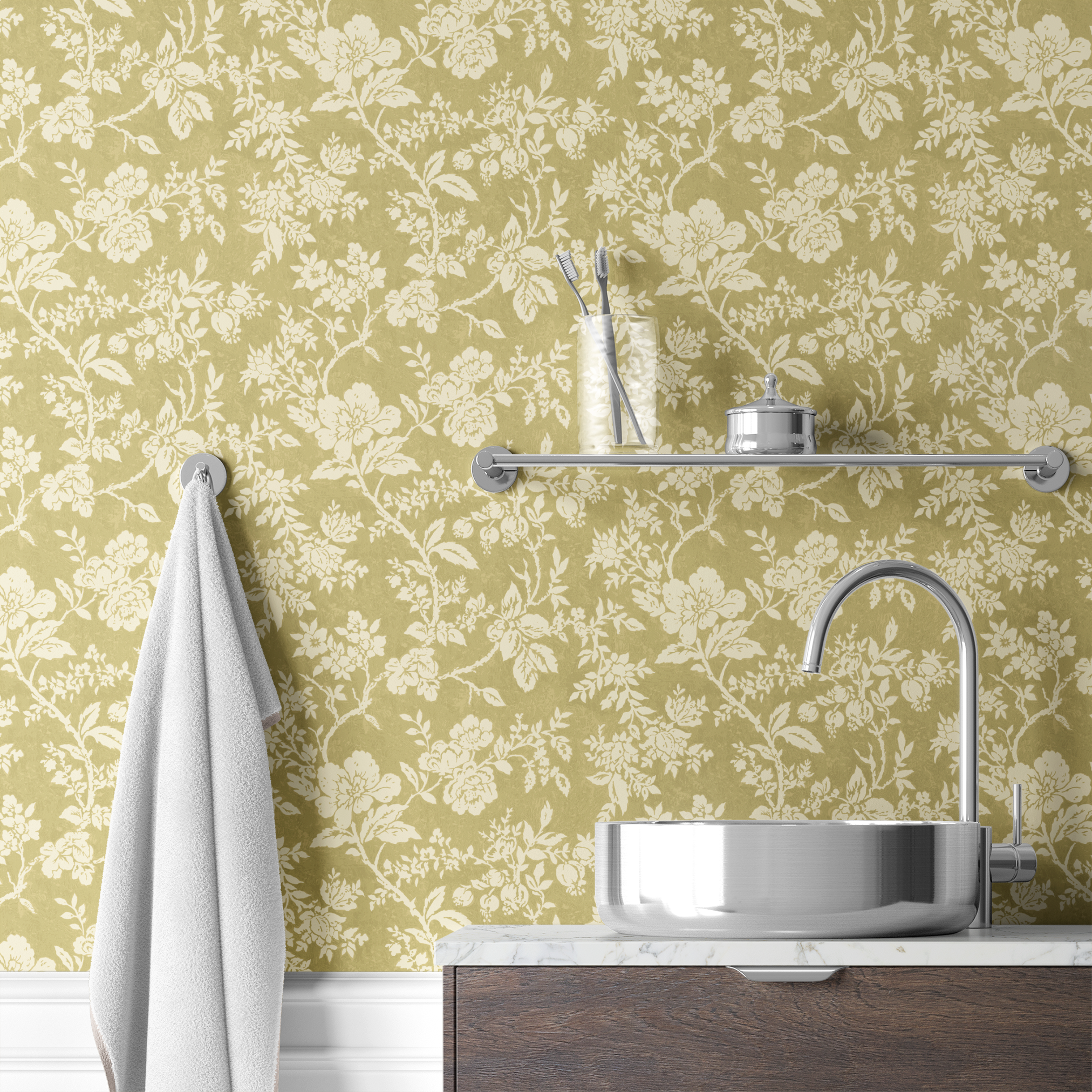 Vintage floral pattern with cream flowers and foliage on olive green background wallpaper bath mockup