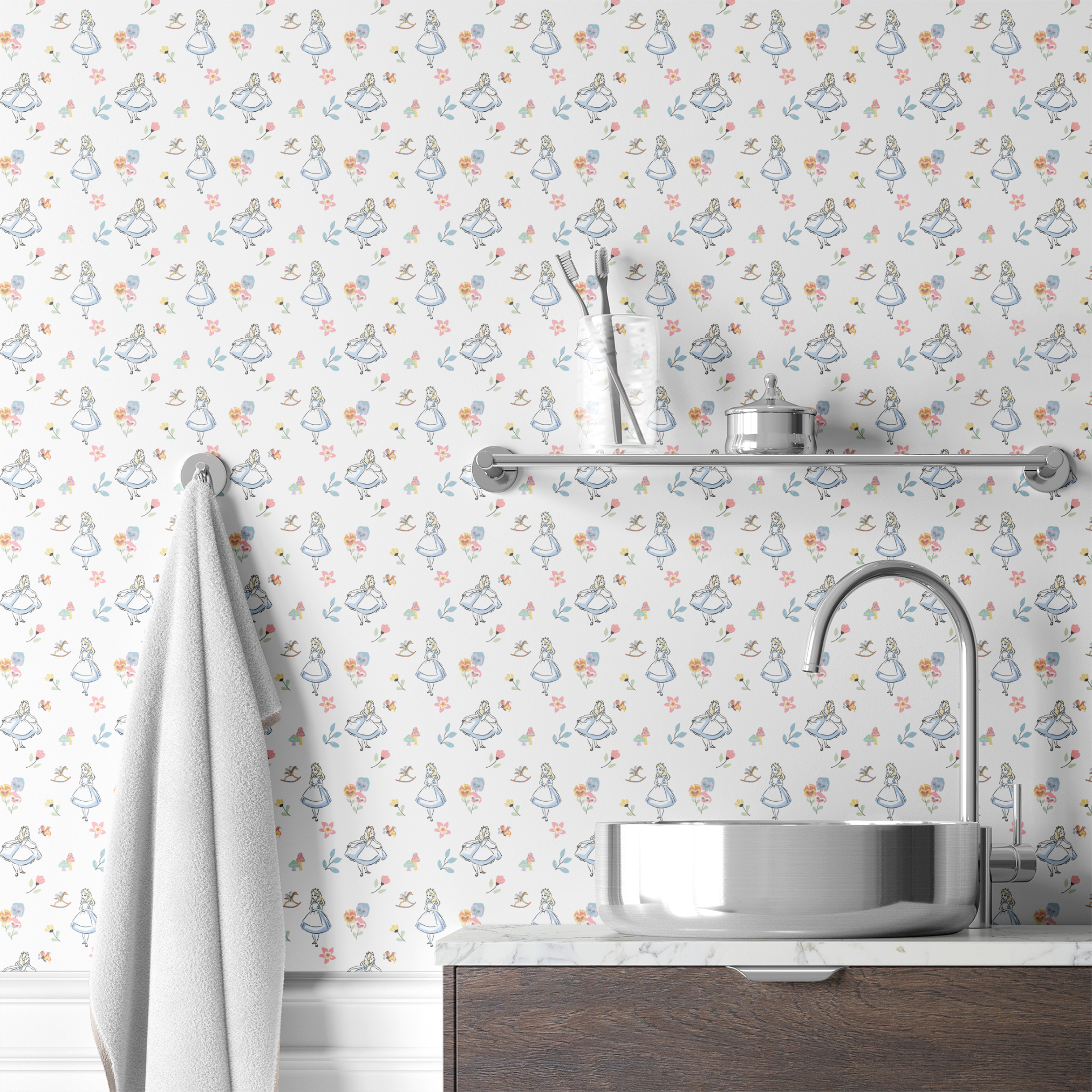 Whimsical pattern featuring character in blue dress with flowers, mushrooms, and rocking horse wallpaper bath mockup