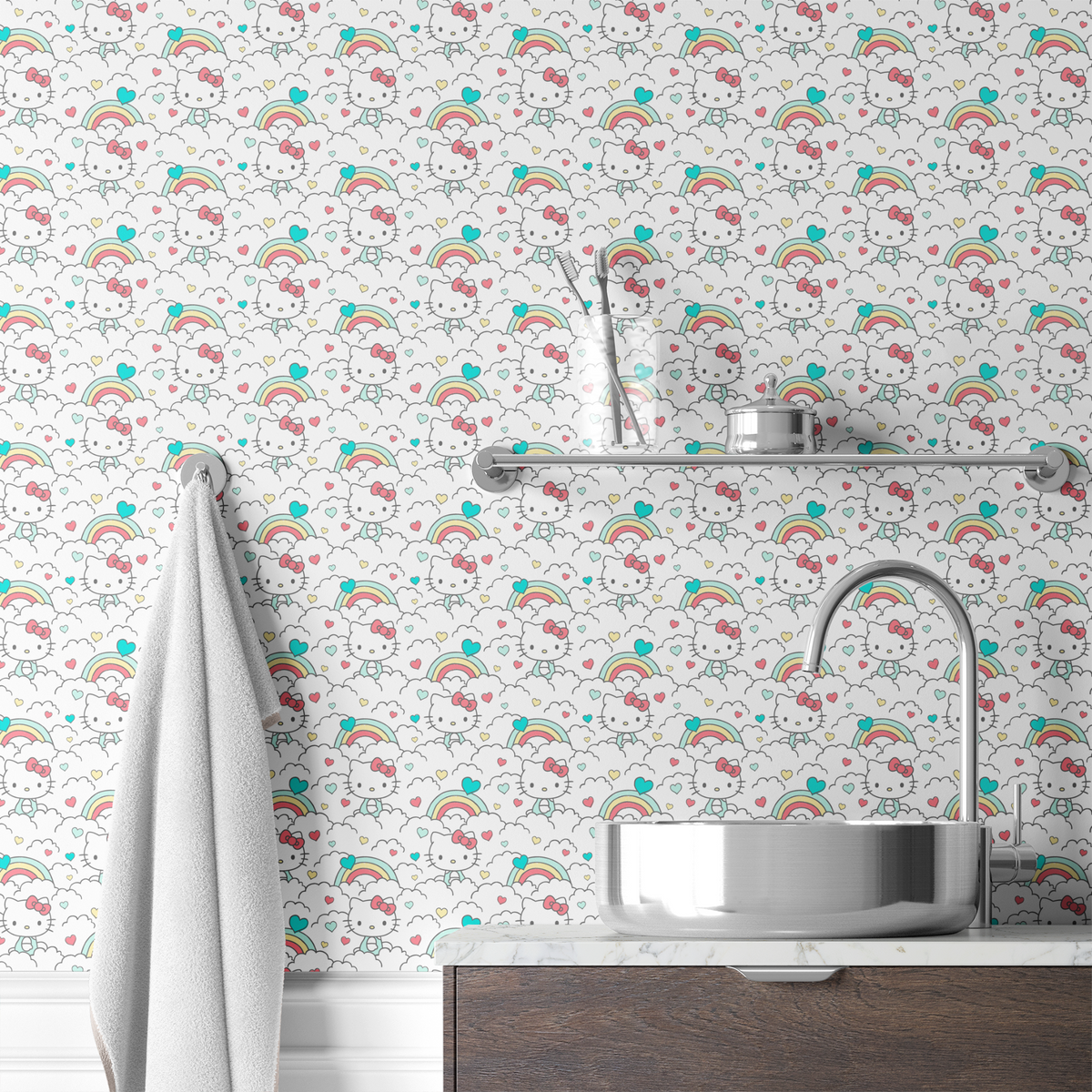 Hello Kitty® Clouds with Rainbows Hearts Wallpaper