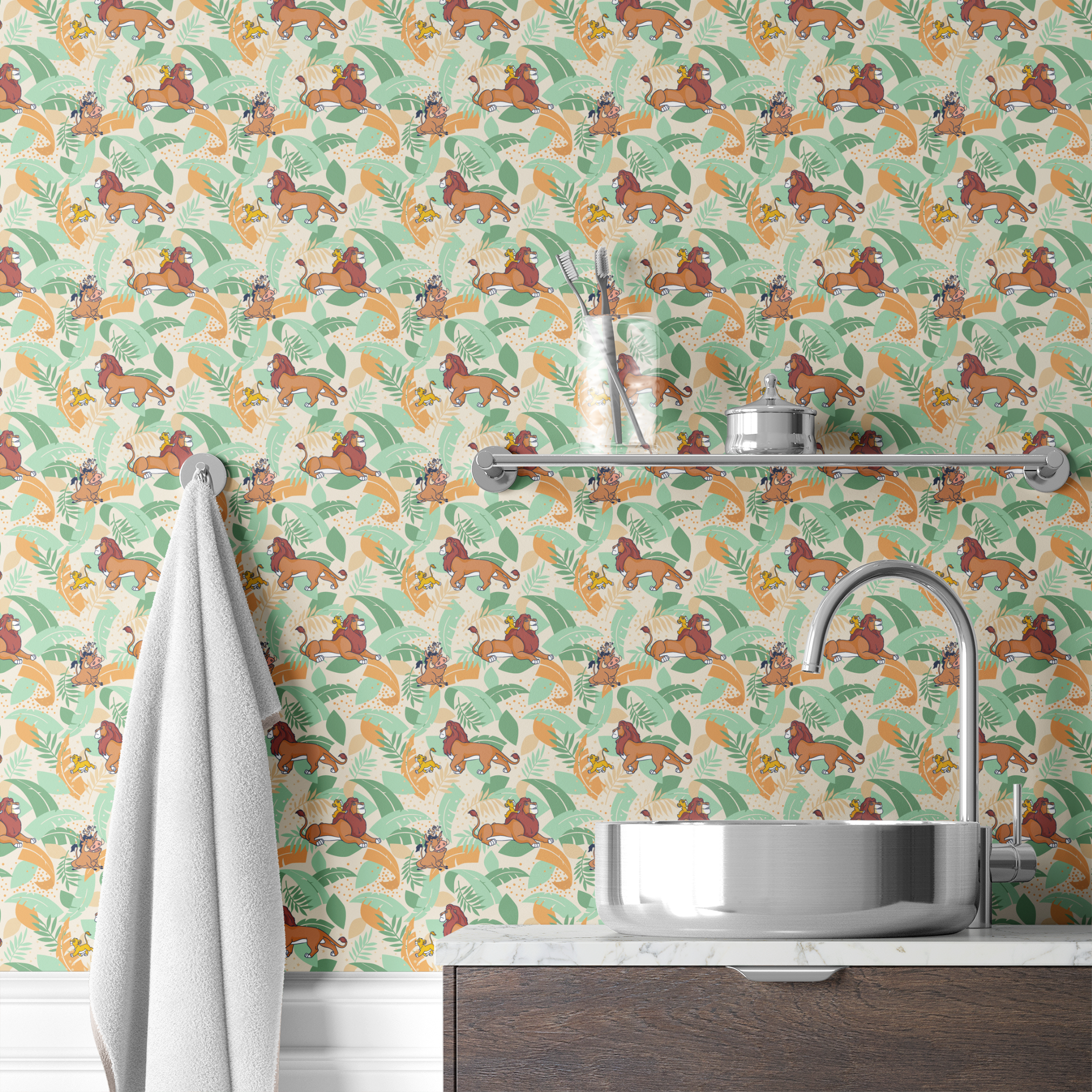 Lion King-inspired pattern with lions and jungle animals amid colorful tropical leaves on cream background wallpaper bath mockup