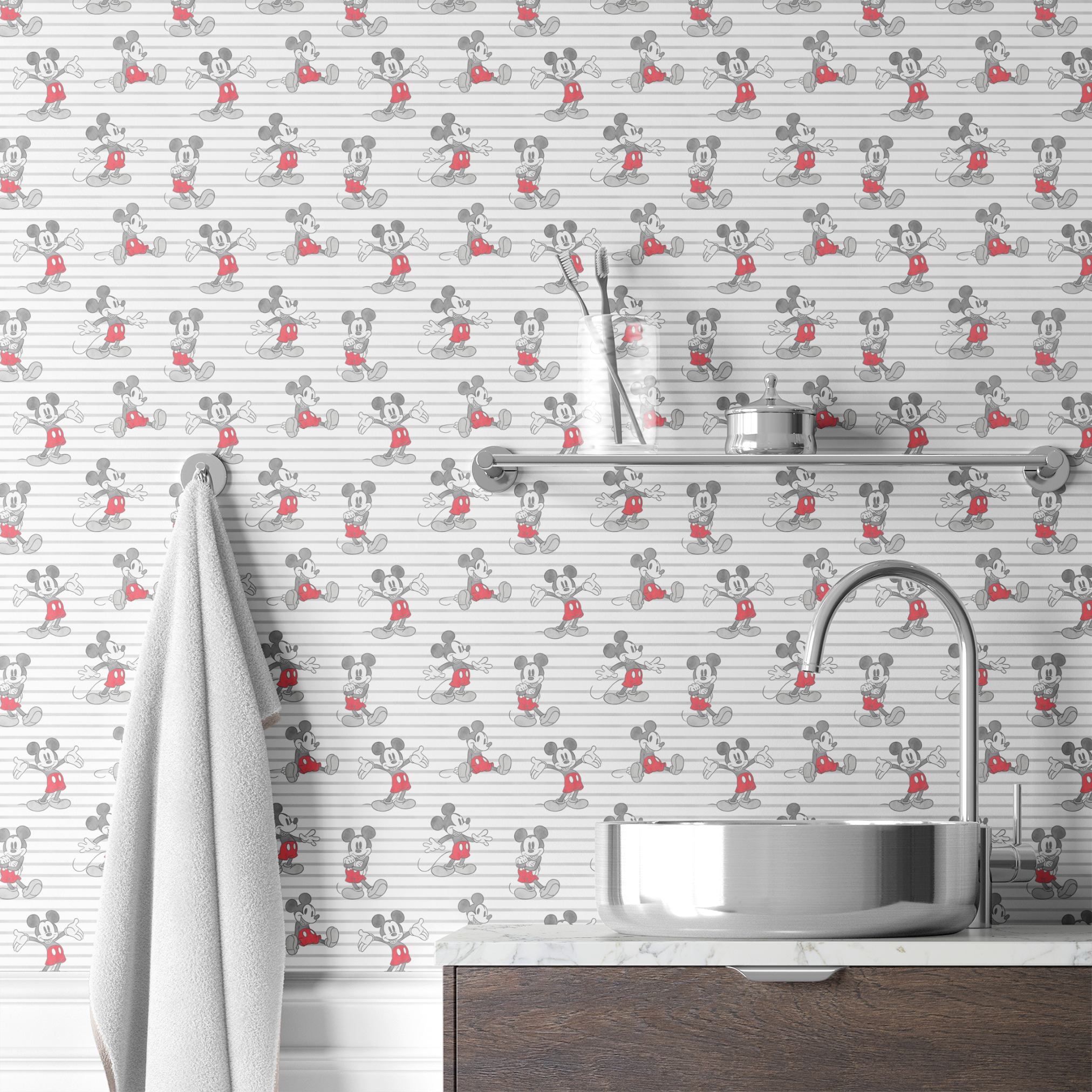 Mickey Mouse cartoon characters in various poses on gray and white striped background wallpaper bath mockup