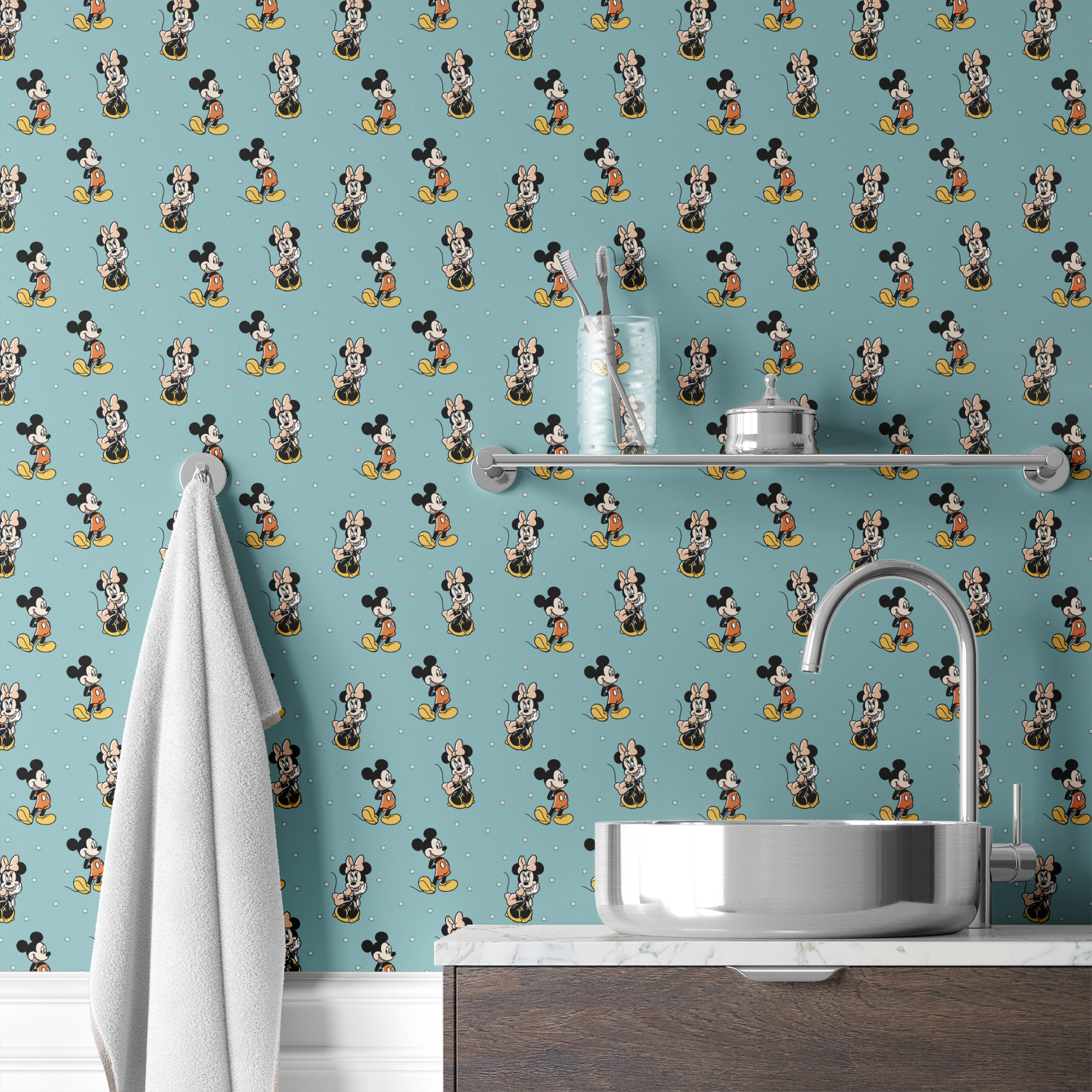 Cartoon pattern of Mickey and Minnie Mouse characters on light blue background with white dots wallpaper bath mockup