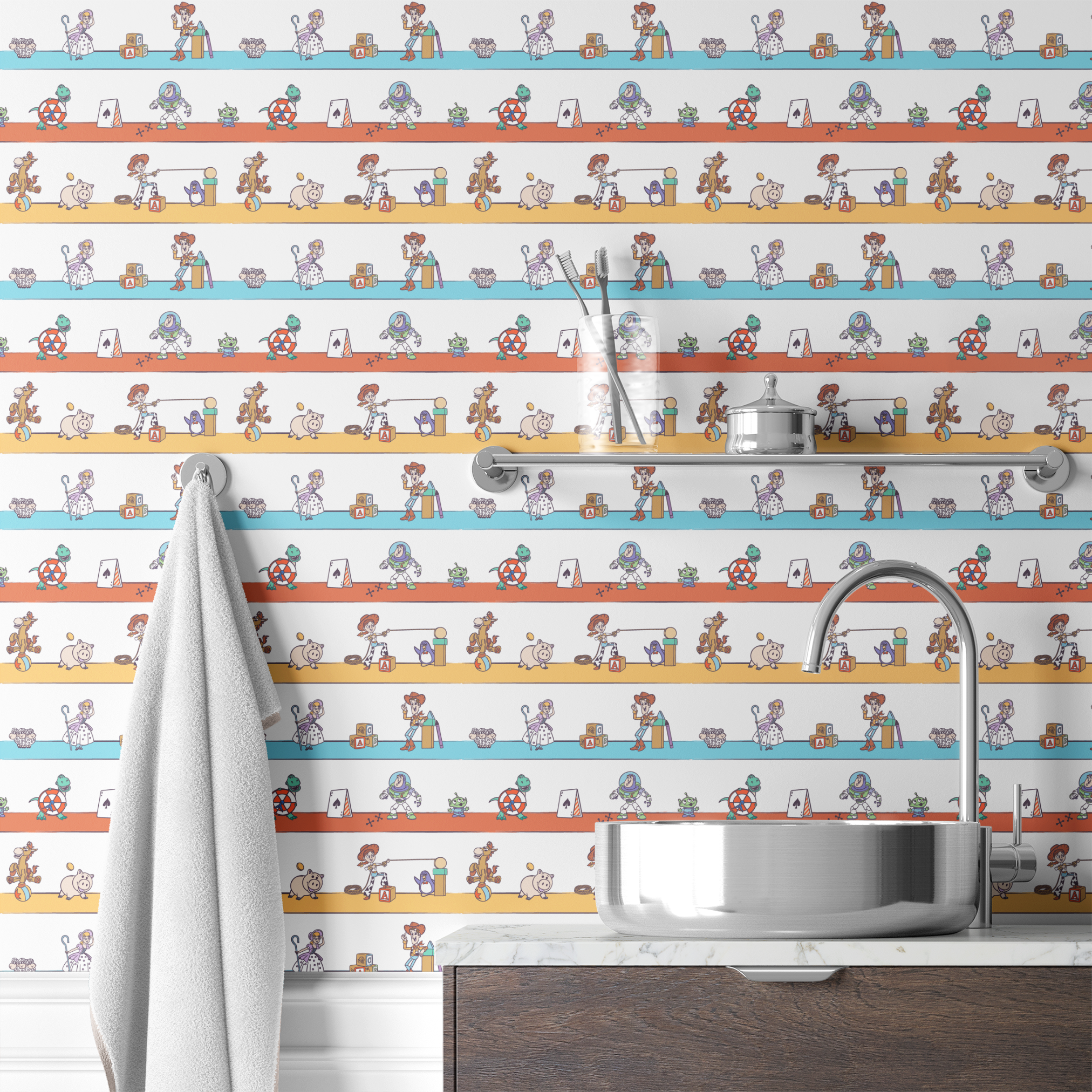 Cartoon illustration of three rows showing different Toy Story characters in action - Woody, Buzzlightyear, Jessie, & more! wallpaper bath mockup