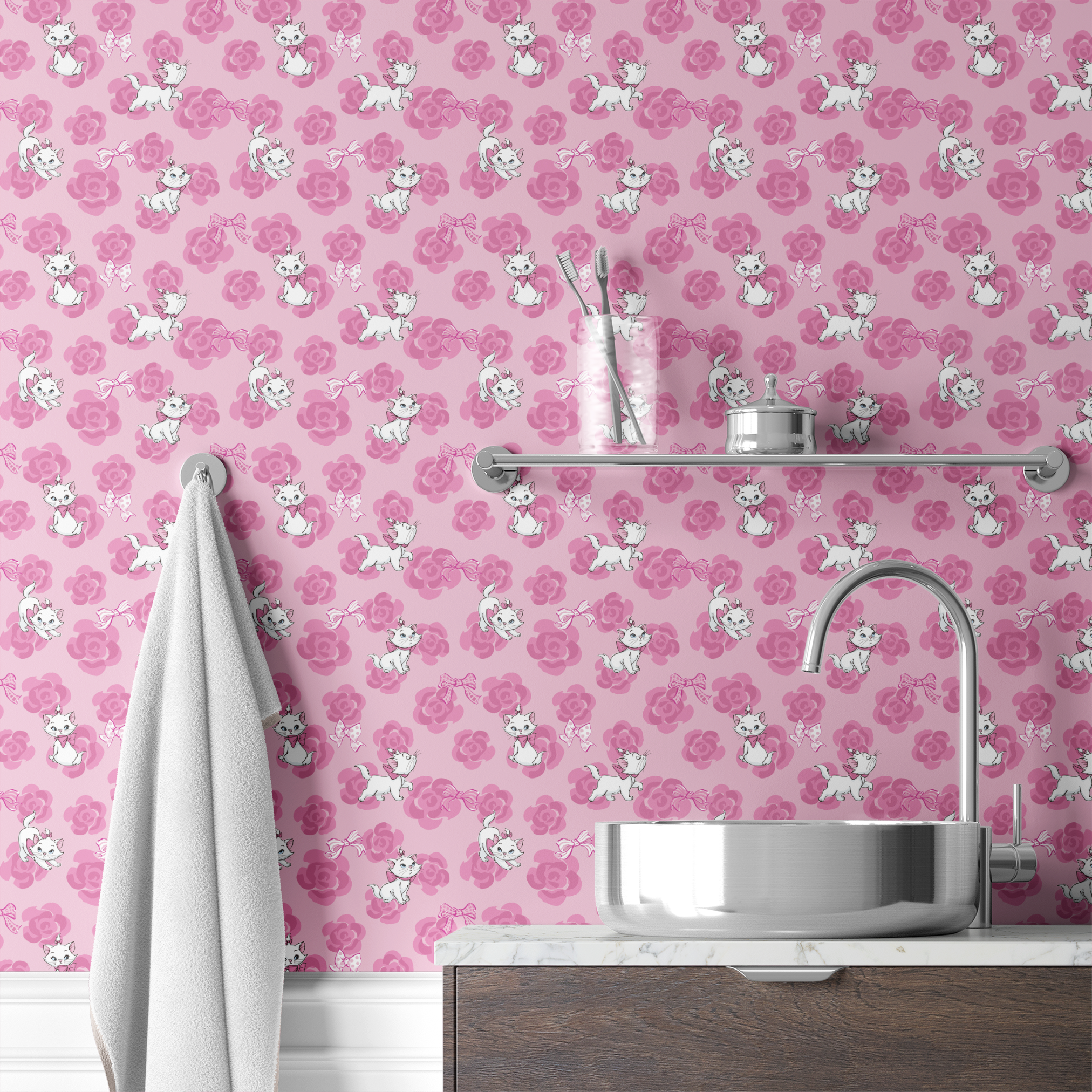 Marie from The Aristocats playing on pink rose pattern background wallpaper bath mockup