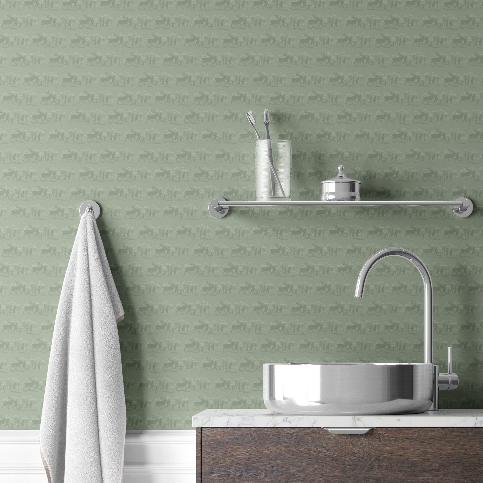 Muted green patterned design with repeating silhouettes of Frozen characters in horizontal bands wallpaper bath mockup