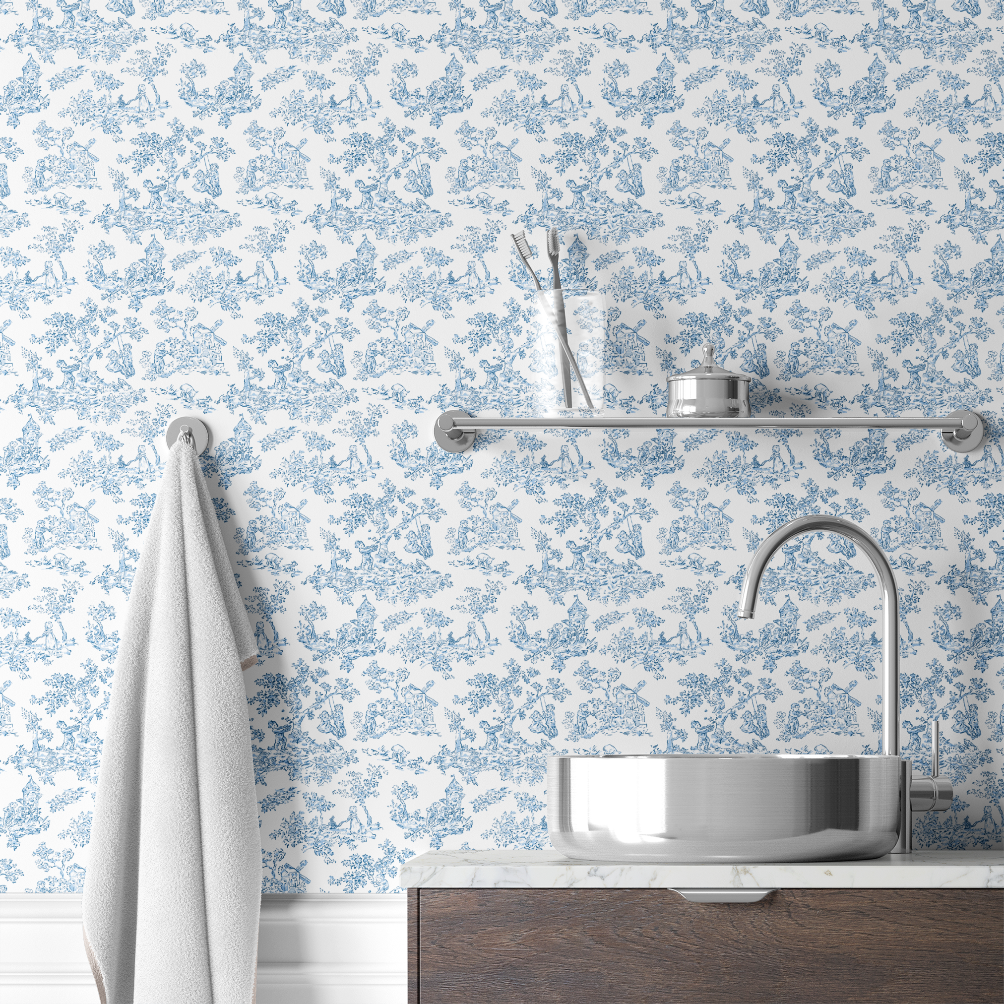 Blue and white toile pattern with delicate floral designs and pastoral scenes on white background wallpaper bath mockup