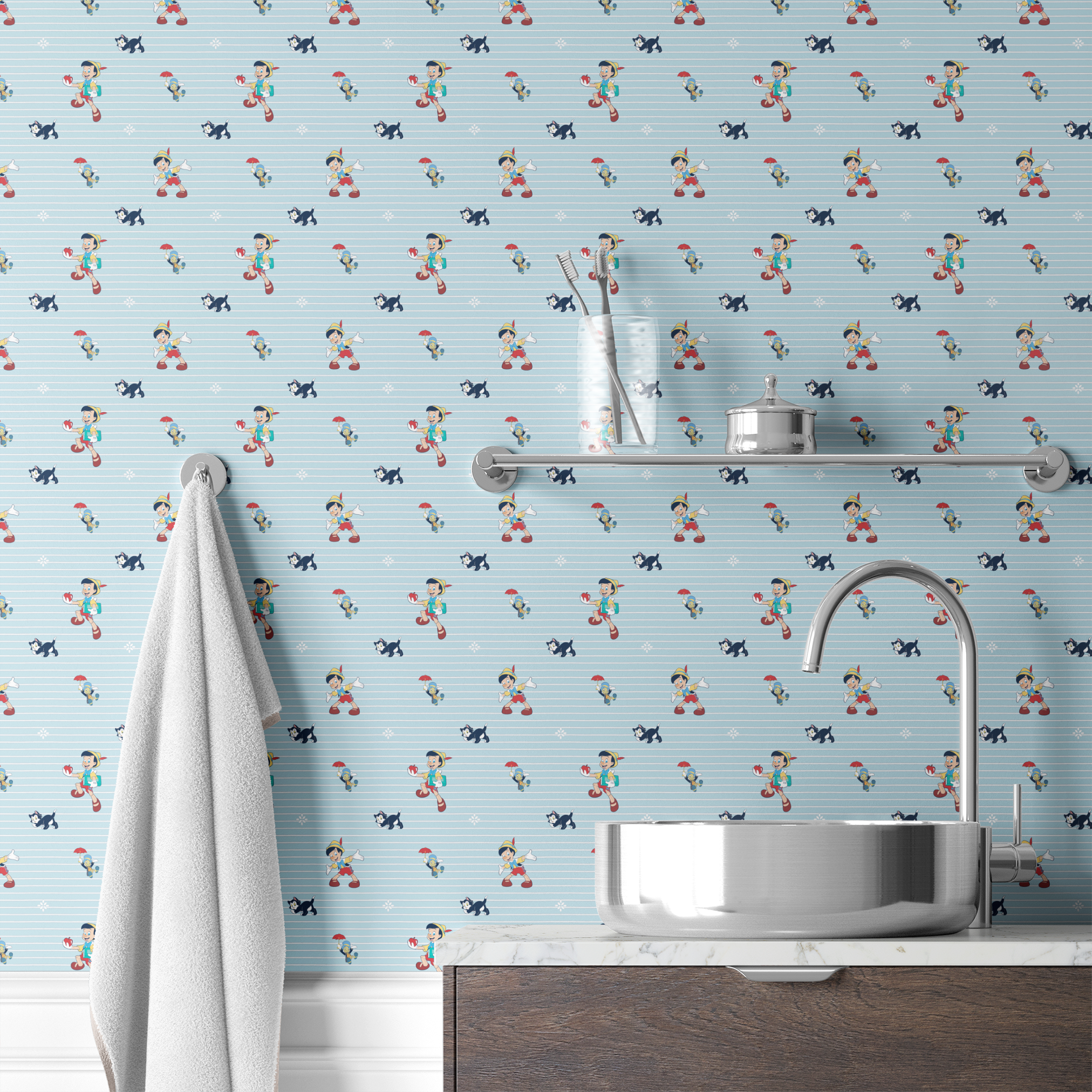 Cartoon pattern with boy character holding apple, black kittens, snowflakes on light blue striped background wallpaper bath mockup