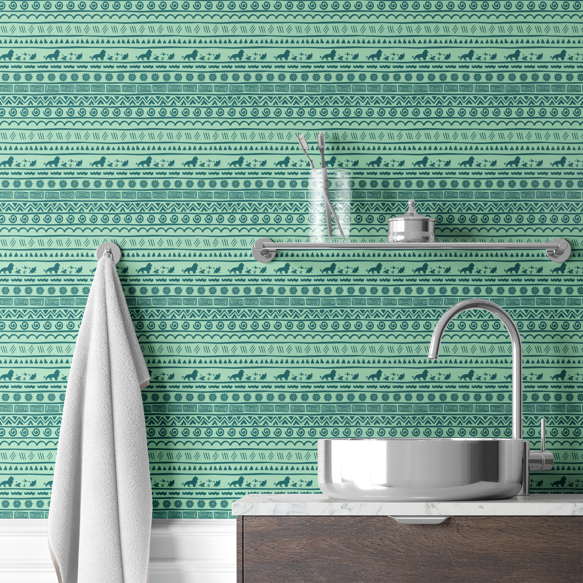Traditional African-inspired pattern in dark teal on mint green with lions, spirals, triangles, and geometric motifs wallpaper bath mockup