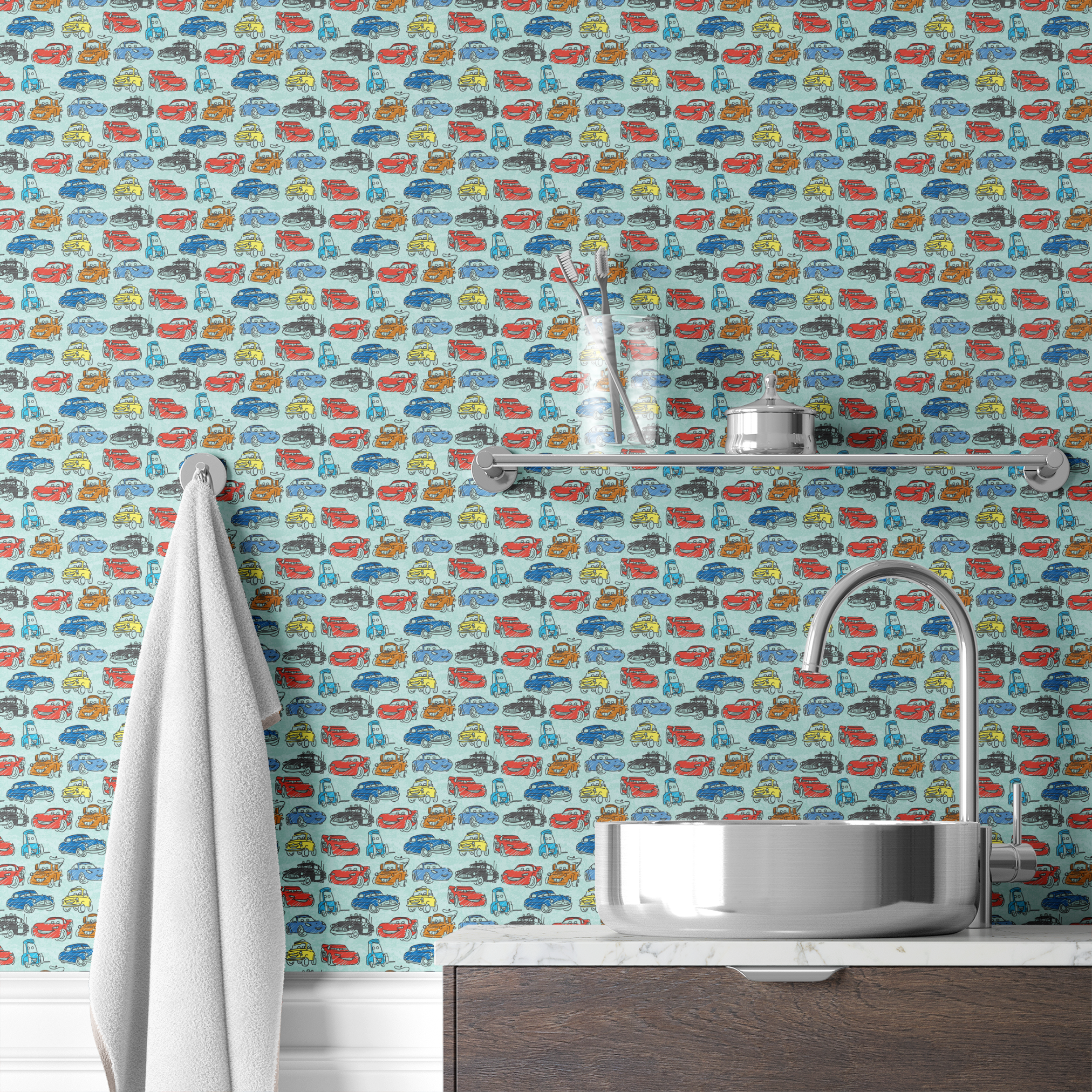 Colorful cartoon cars pattern including red racecars, blue sedans, yellow coupes, and tow trucks on light blue background wallpaper bath mockup