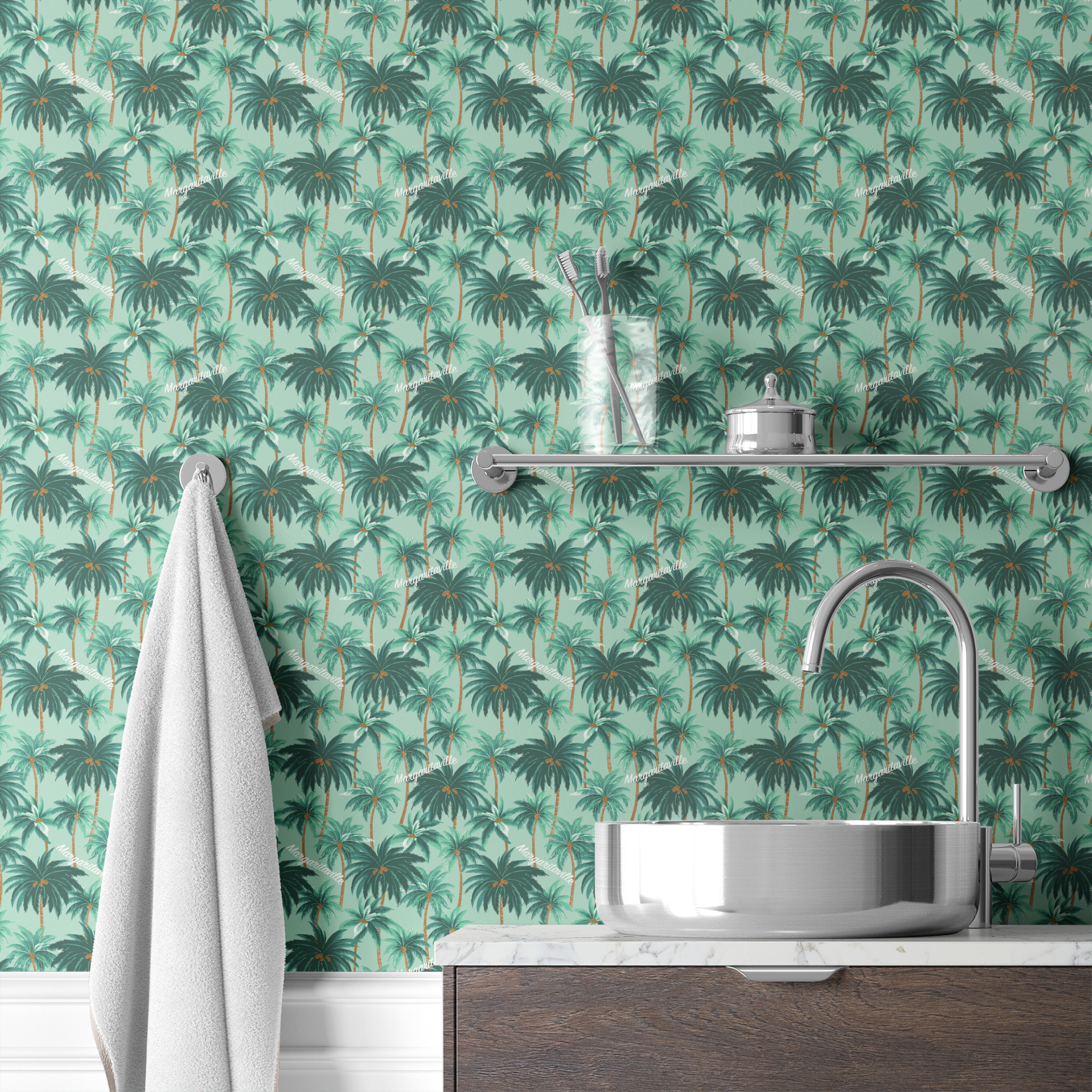 Margaritaville palm tree pattern on mint green background, tropical design with repeated dark green palms wallpaper bath mockup