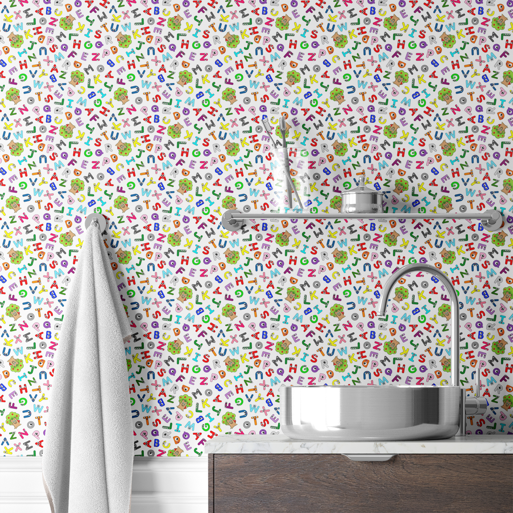 Colorful cartoon alphabet letters scattered randomly on white background with small monster characters wallpaper bath mockup