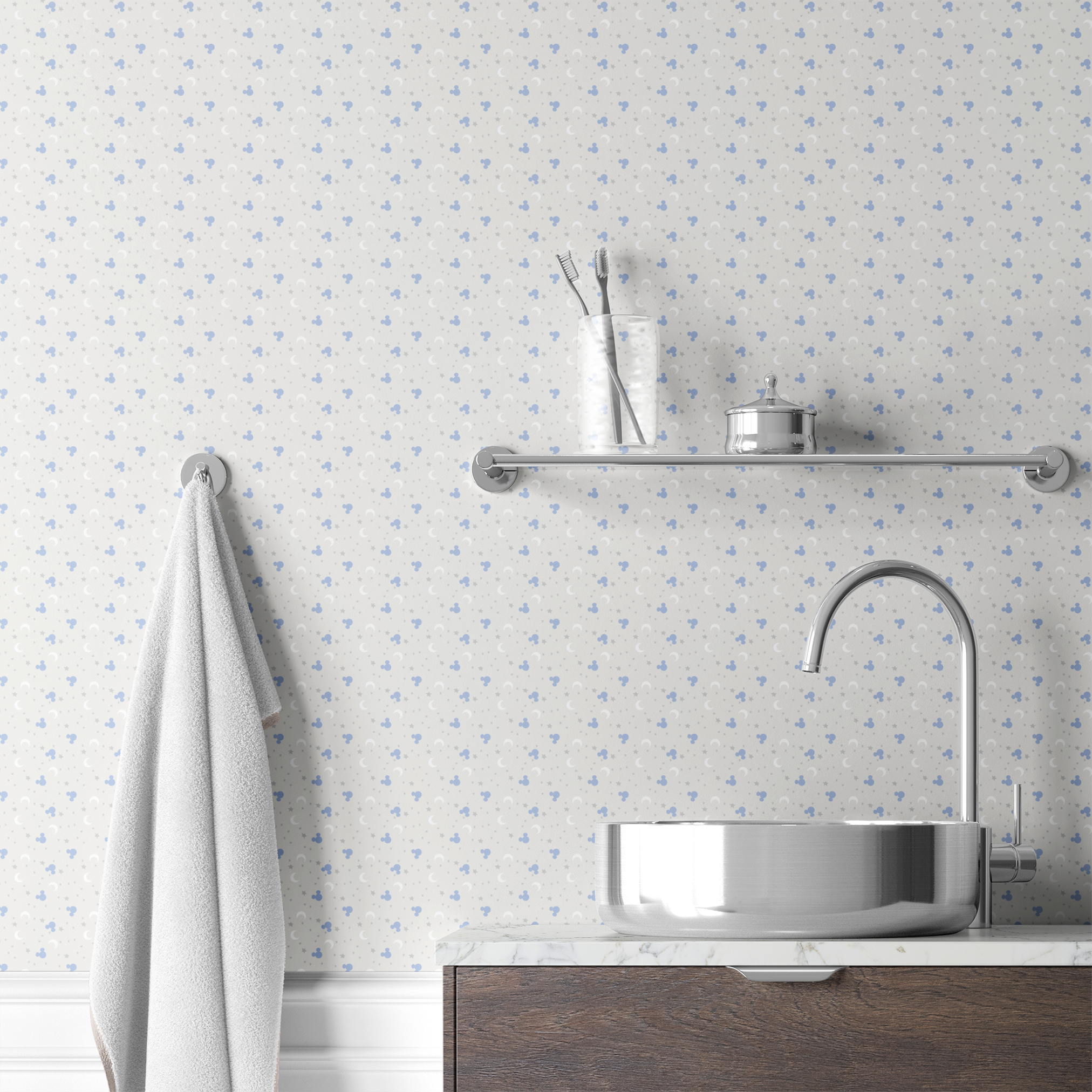 Blue Mickey Mouse silhouettes with white moons and gray stars on light gray background wallpaper bath mockup
