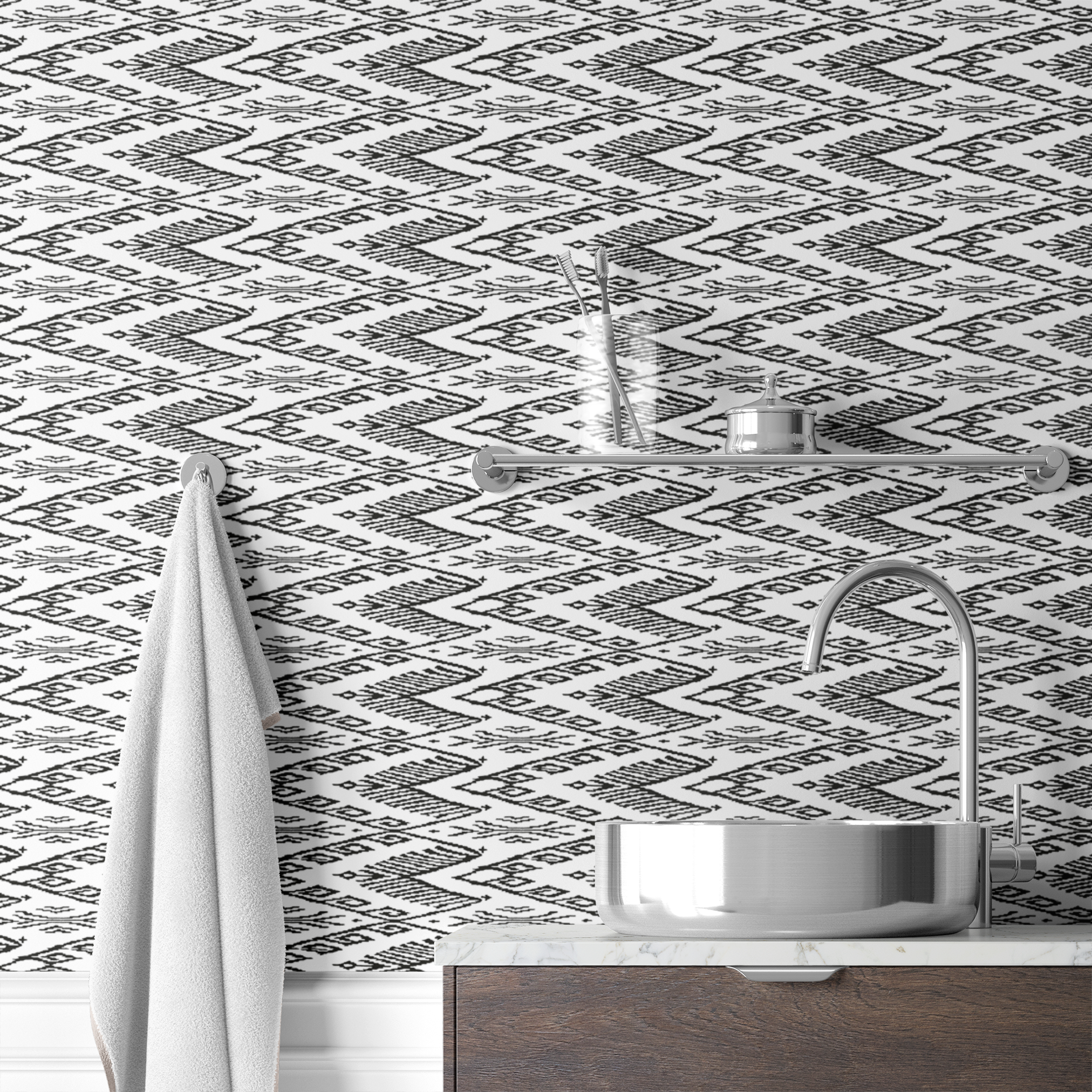 Black and white geometric pattern with diamond shapes and zigzag motifs on a textile surface wallpaper bath mockup