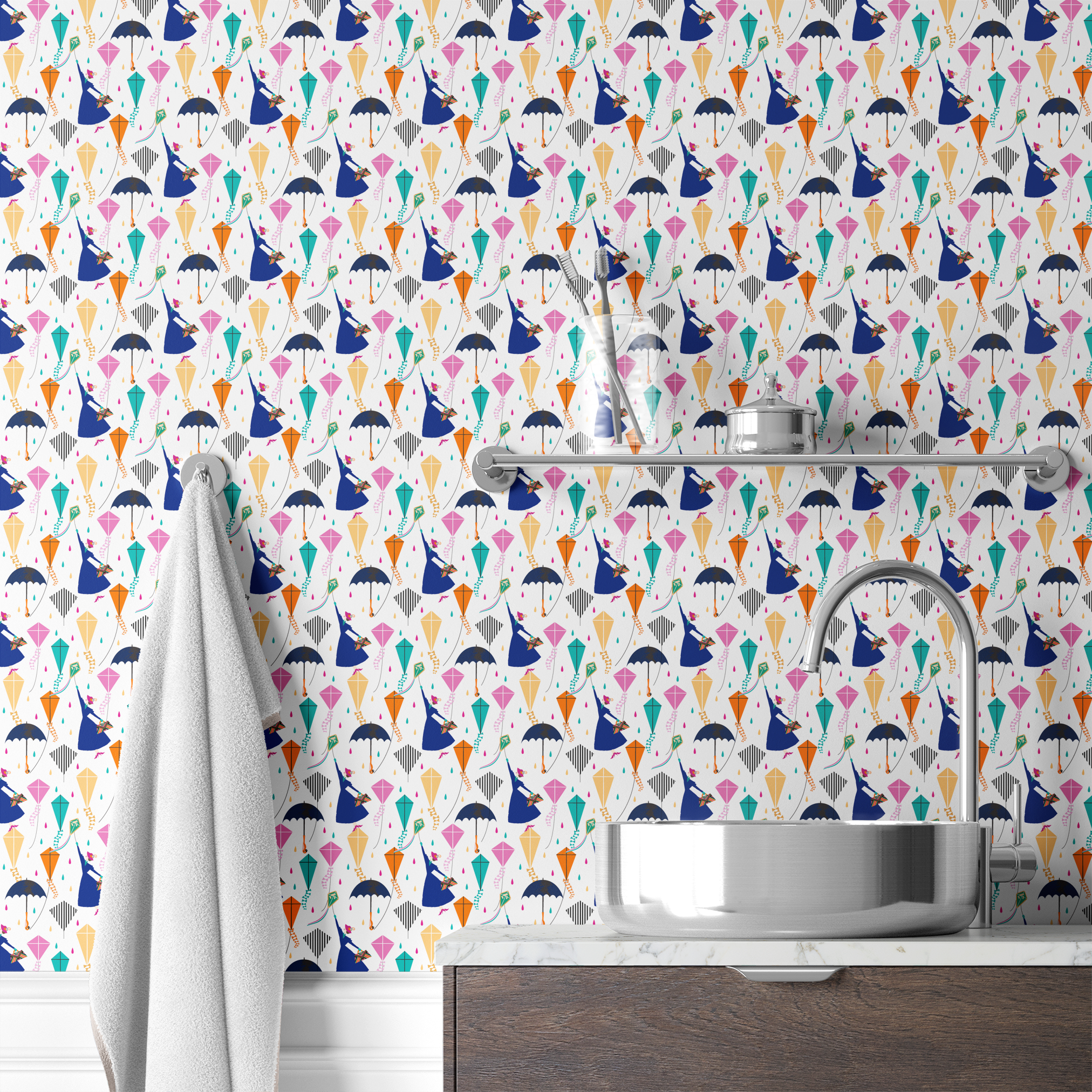 Colorful Mary Poppins pattern with umbrellas, featuring pink, orange, turquoise kites and navy umbrellas on white background wallpaper bath mockup
