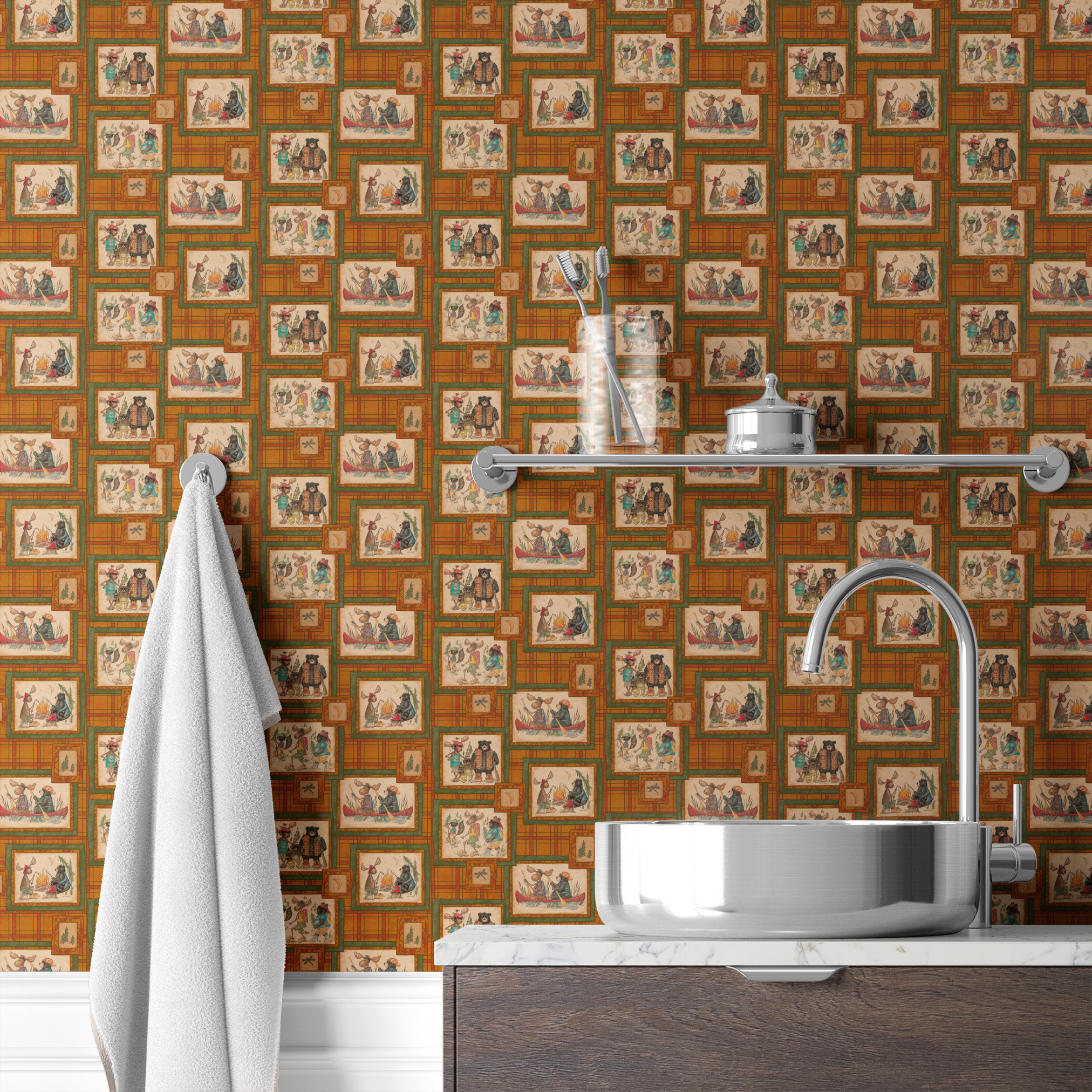 Vintage-style patchwork pattern with framed scenes of people and animals on orange plaid background wallpaper bath mockup