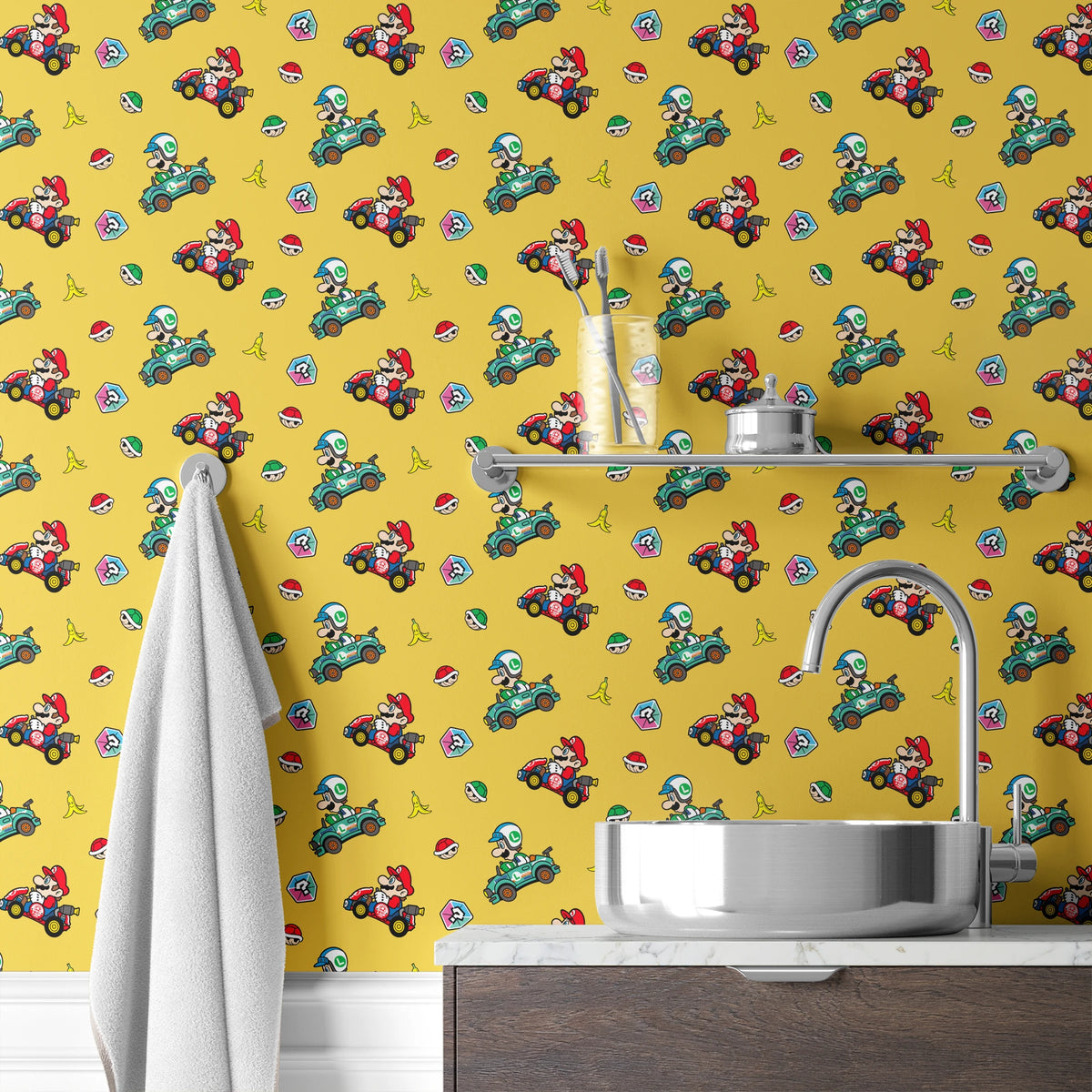 Mario Kart™ World 2D Mario and Luigi on Yellow Wallpaper