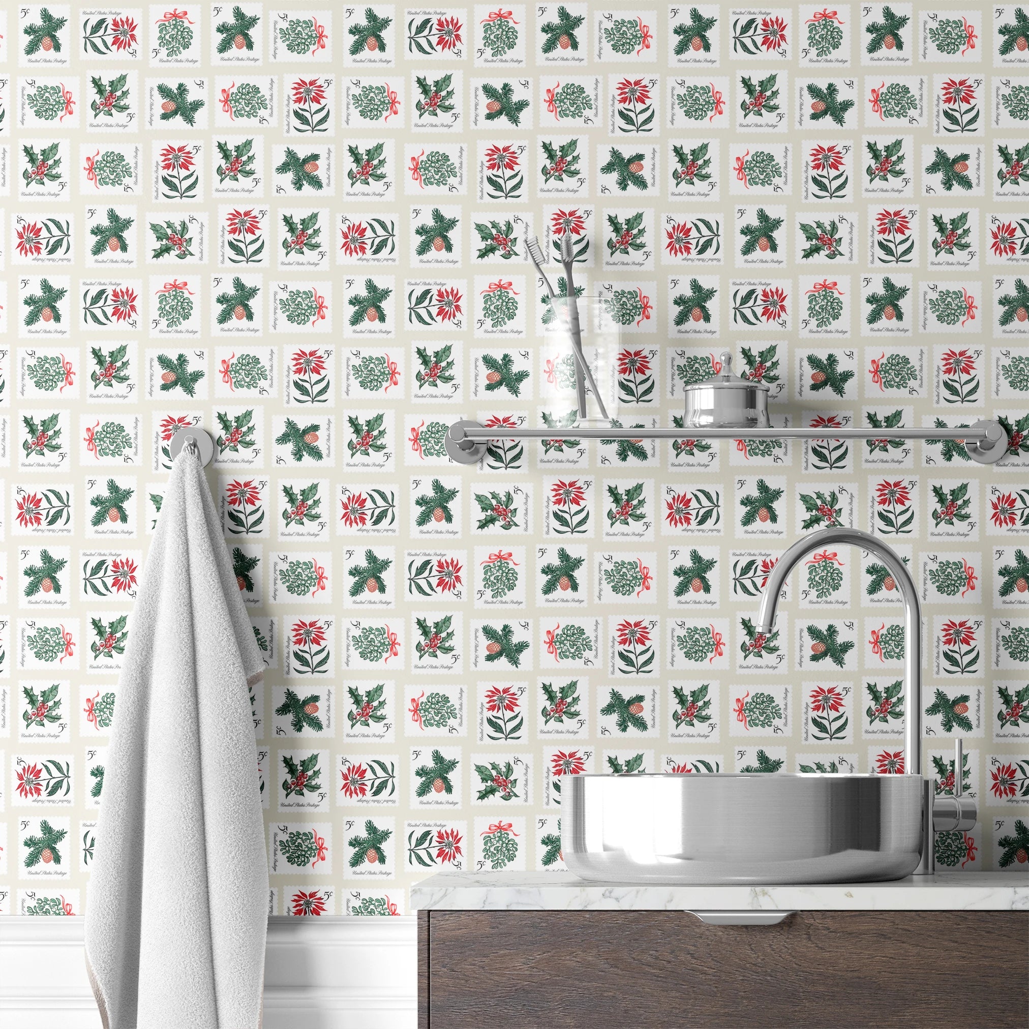 USPS Holiday Botanicals Stamp Collage on Cream Wallpaper