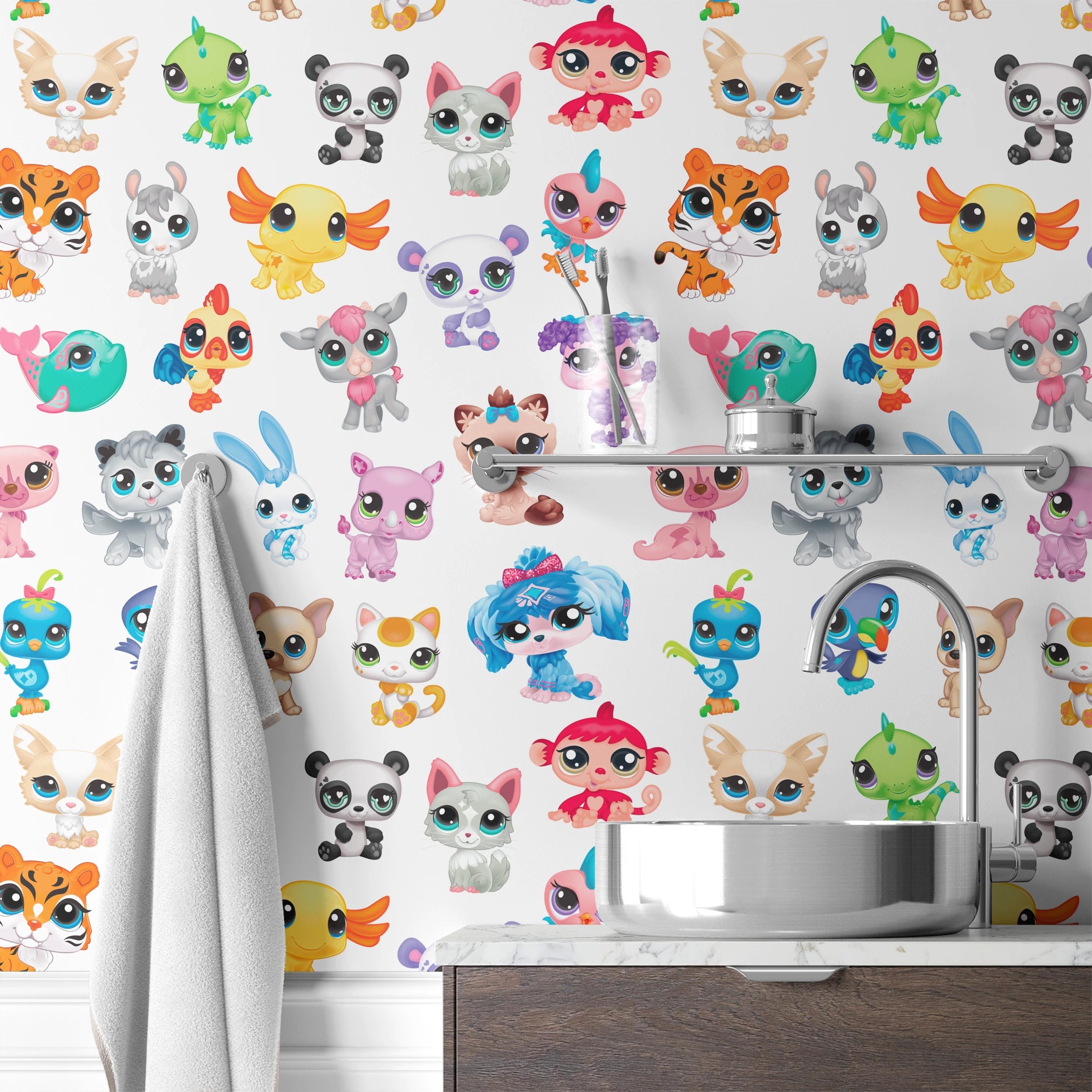 Hasbro Littliest Pet Shop Character Collage on White Wallpaper