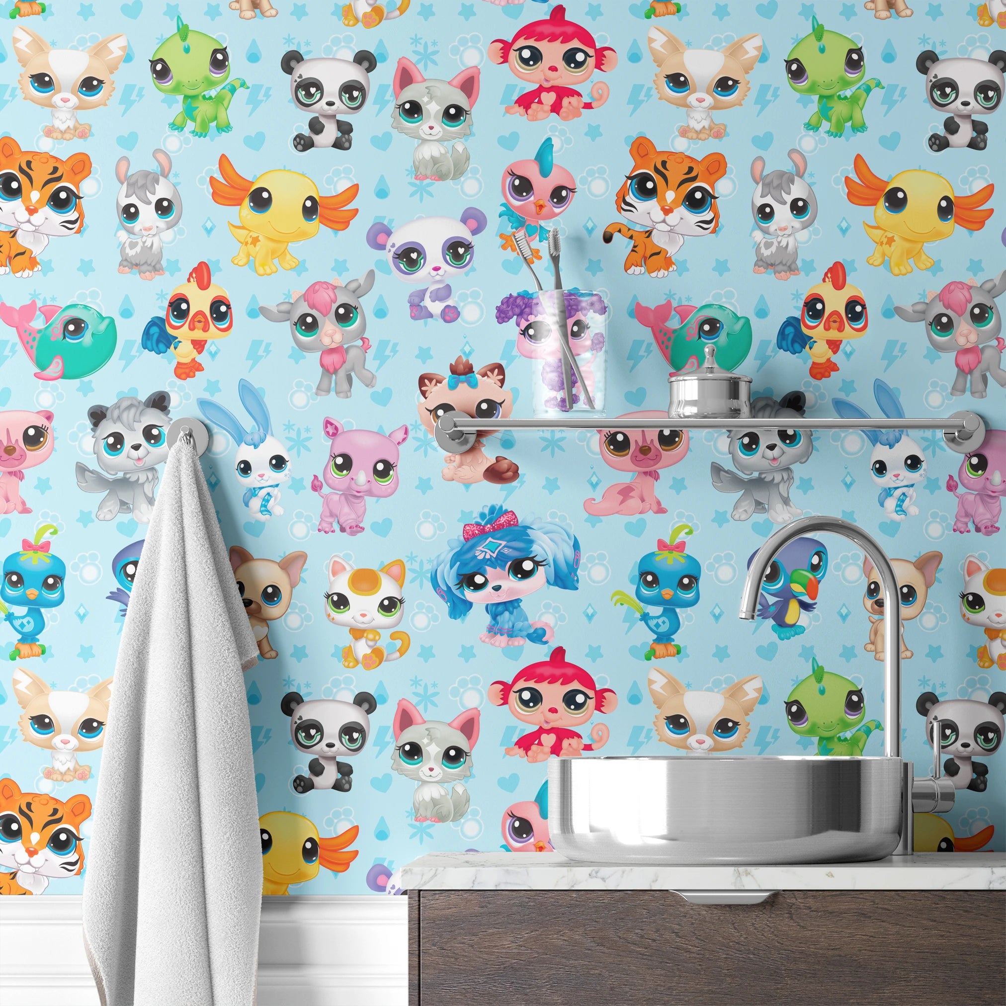 Hasbro Littliest Pet Shop Character Collage on Blue Wallpaper