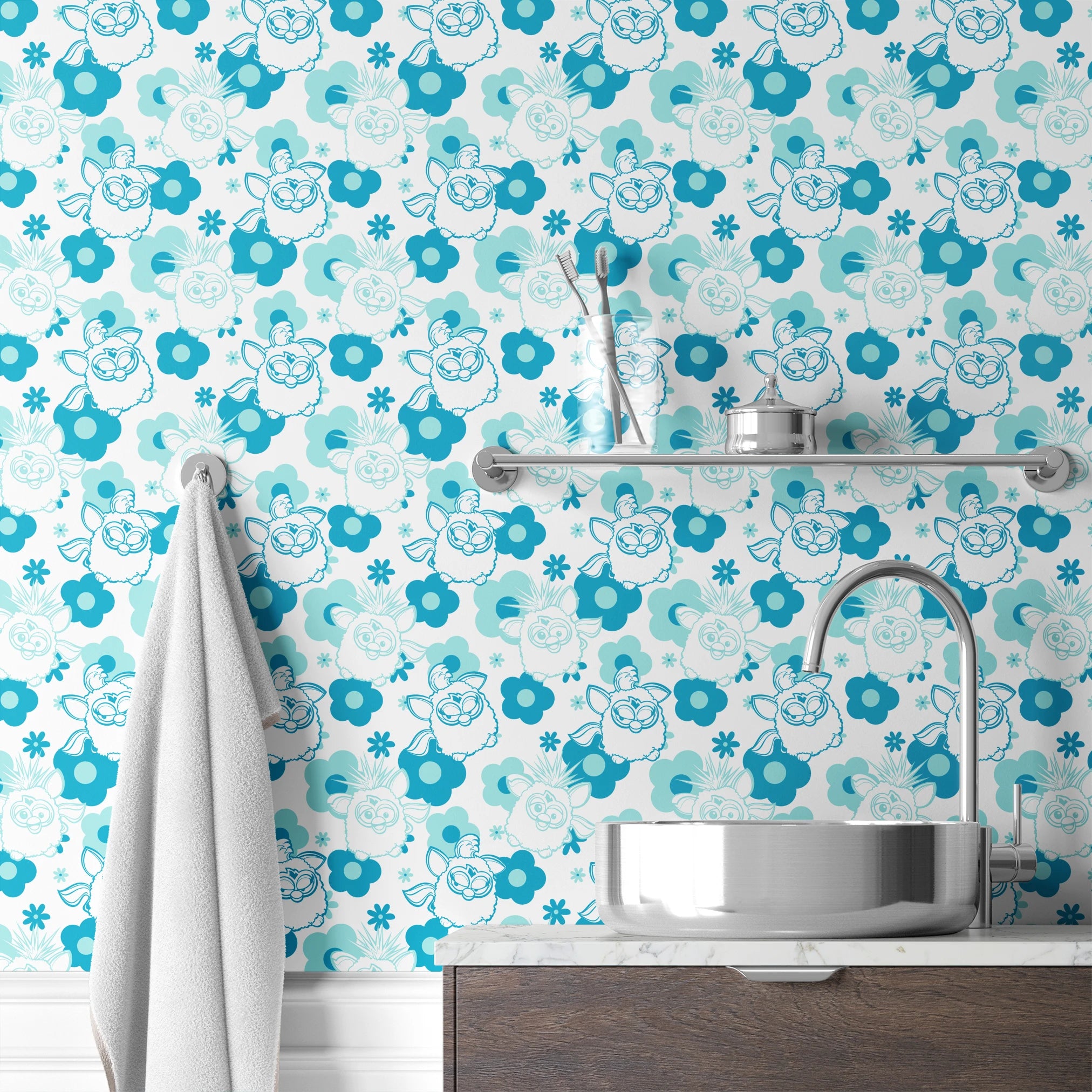 Hasbro Furby Flower Power on Blue Wallpaper