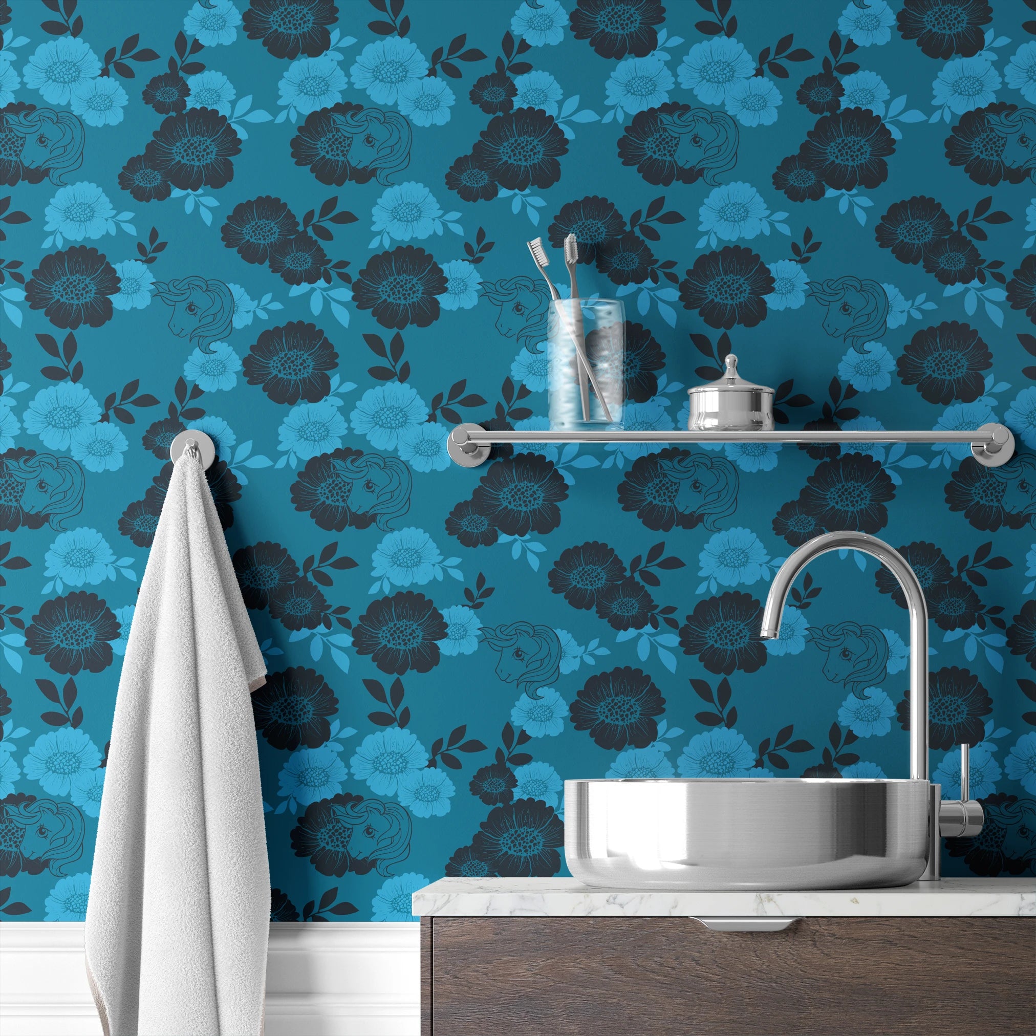 Hasbro My Little Pony Floral Silhouettes on Blue Wallpaper