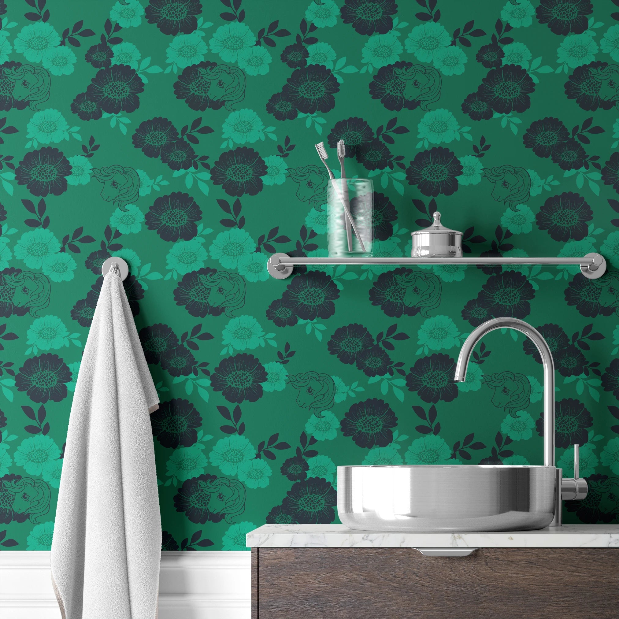 Hasbro My Little Pony Floral Silhouettes on Green Wallpaper