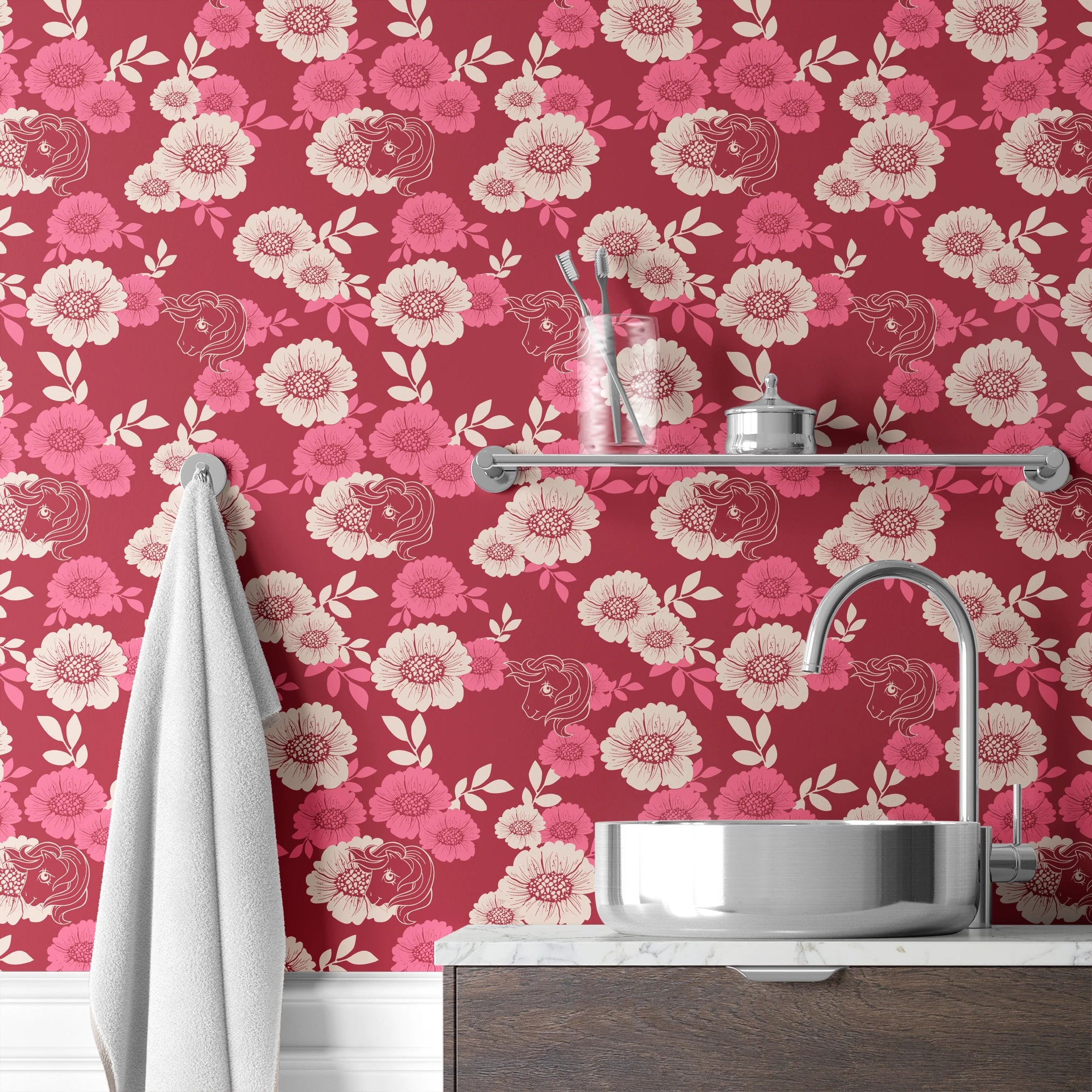 Hasbro My Little Pony Floral Silhouettes on Pink Wallpaper