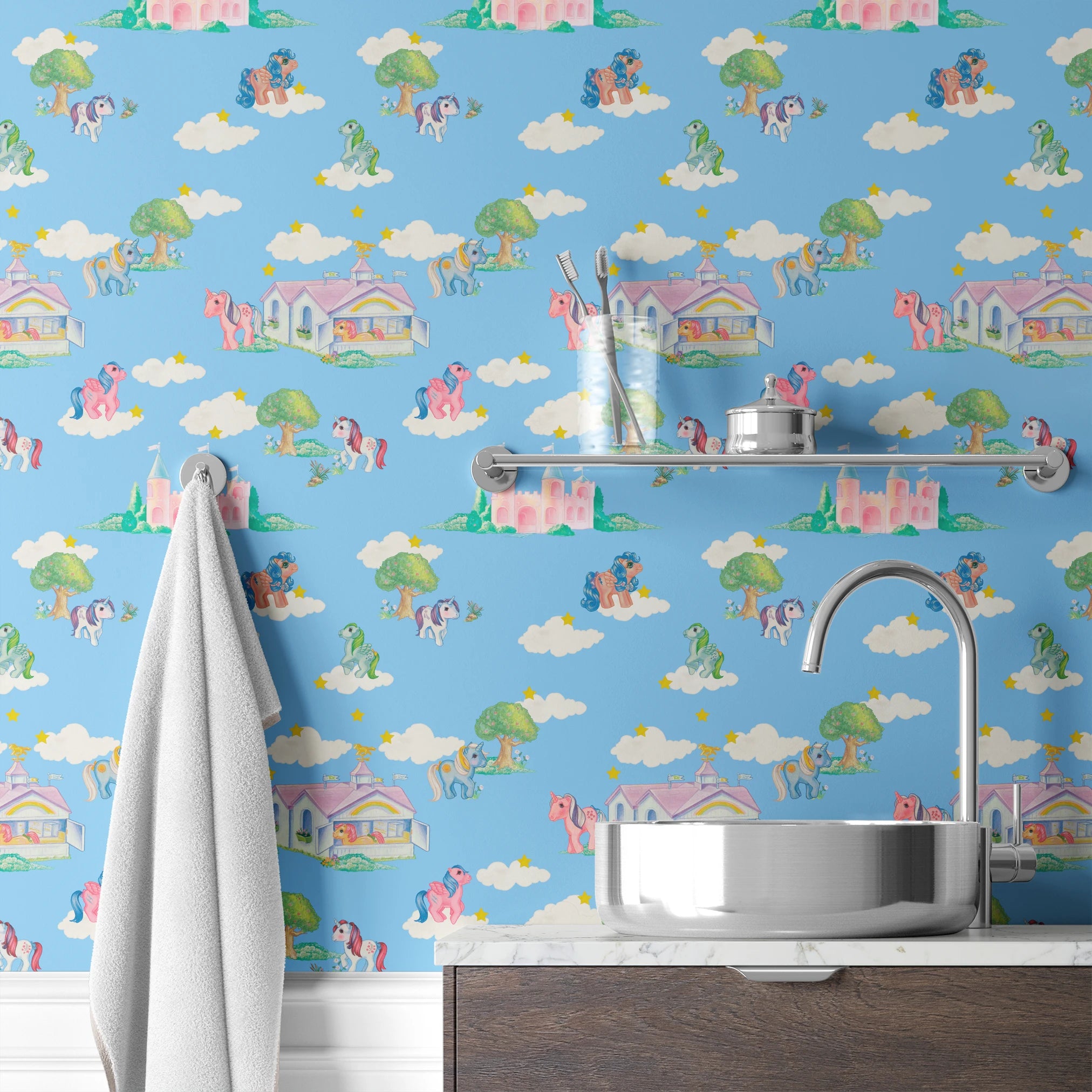 Hasbro My Little Pony Vintage Castles on Blue Wallpaper