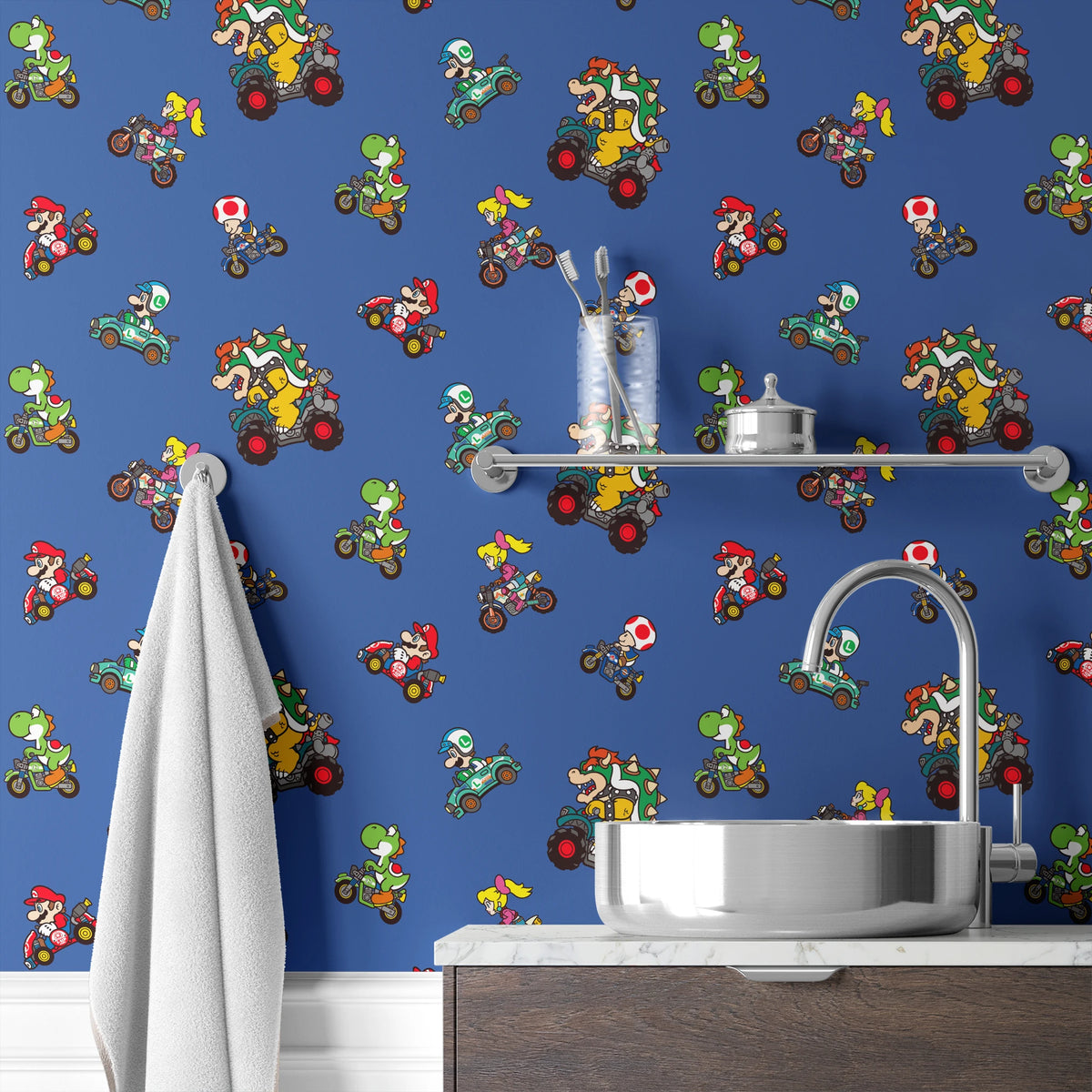 Mario Kart™ World 2D Driving Friends on Blue Wallpaper
