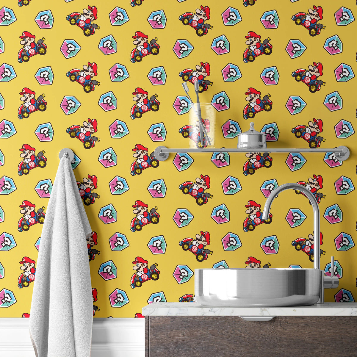 Mario Kart™ World 2D Mario Mystery Box on Yellow Wallpaper