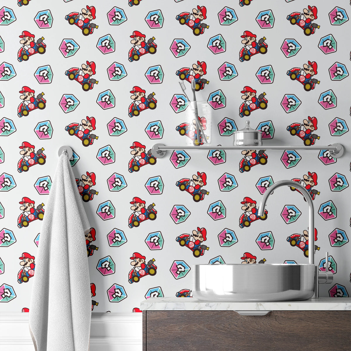 Mario Kart™ World 2D Mario Mystery Box on Light Grey Wallpaper
