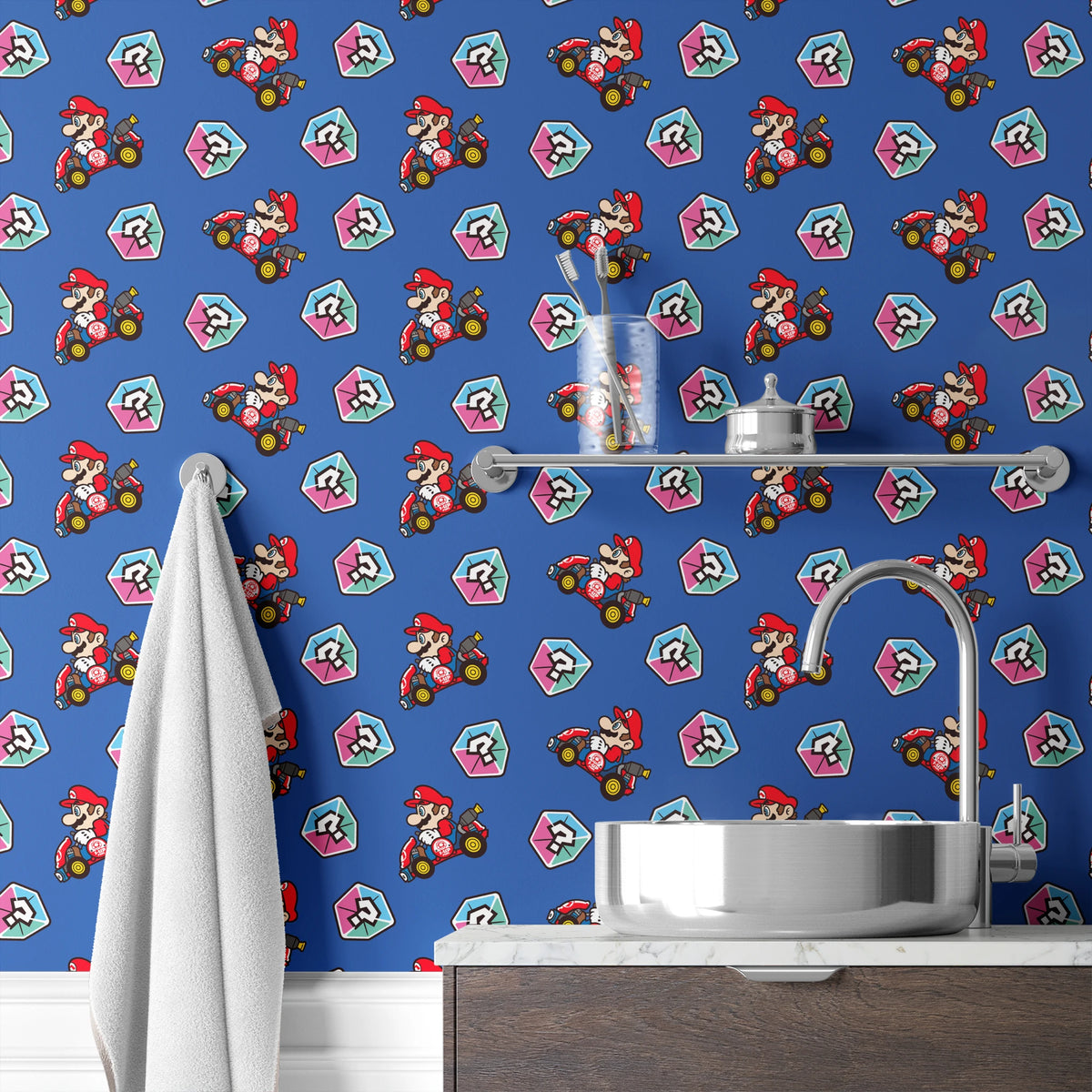 Mario Kart™ World 2D Mario Mystery Box on Blue Wallpaper