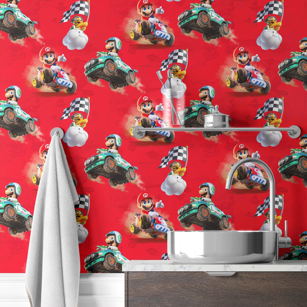 Mario Kart™ World 3D Mario and Luigi on Red Wallpaper