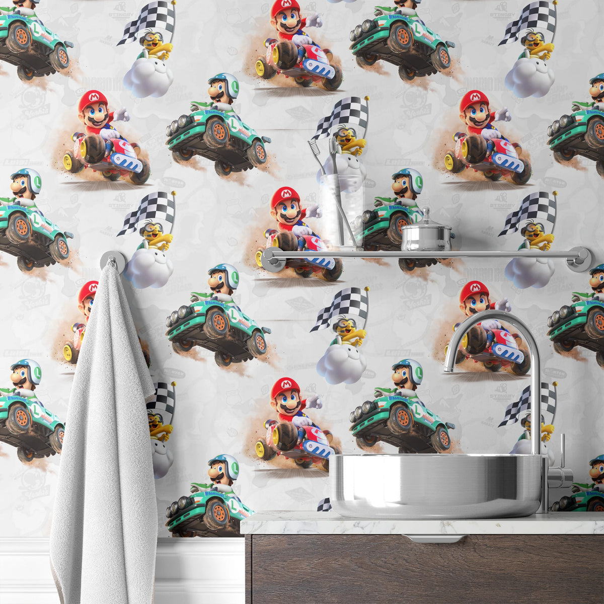 Mario Kart™ World 3D Mario and Luigi on Light Grey Wallpaper