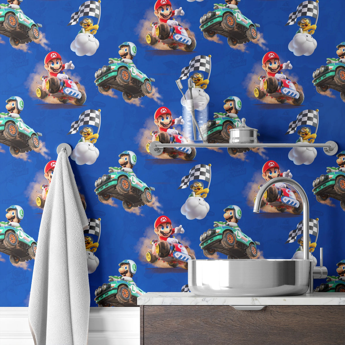 Mario Kart™ World 3D Mario and Luigi on Blue Wallpaper