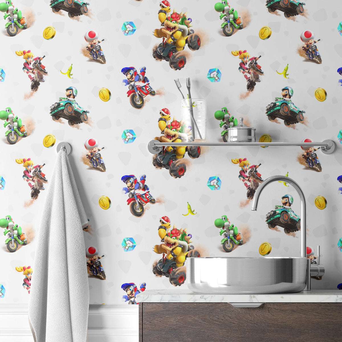 Mario Kart™ World 3D Friends in Action on Light Grey Wallpaper