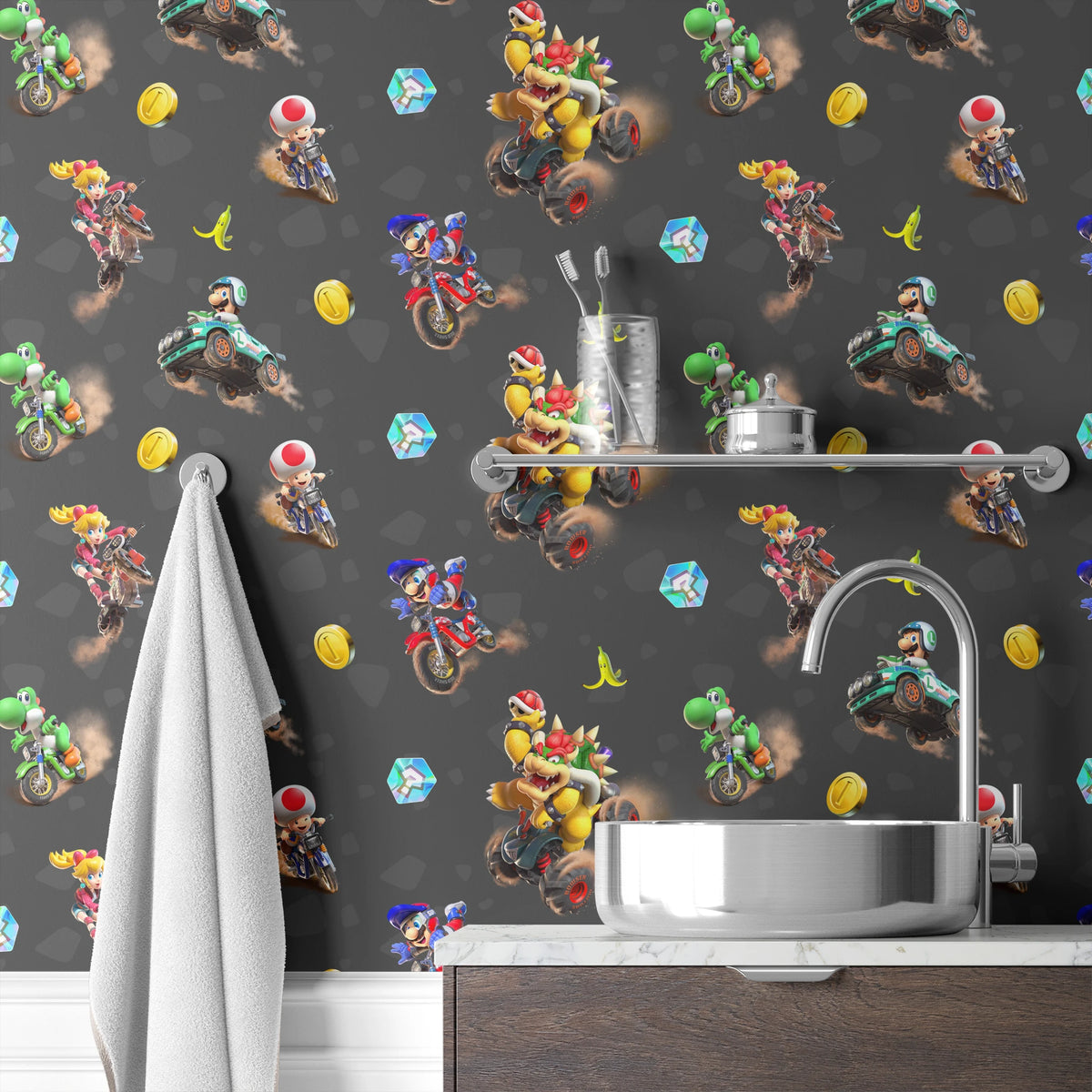 Mario Kart™ World 3D Friends in Action on Dark Grey Wallpaper