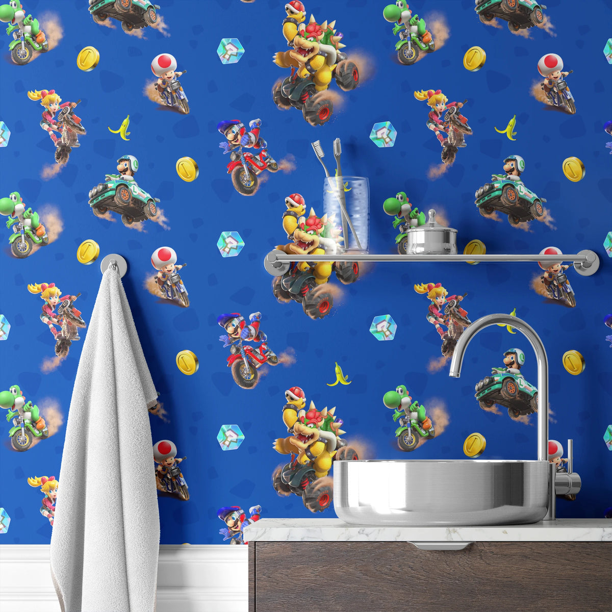 Mario Kart™ World 3D Friends in Action on Blue Wallpaper