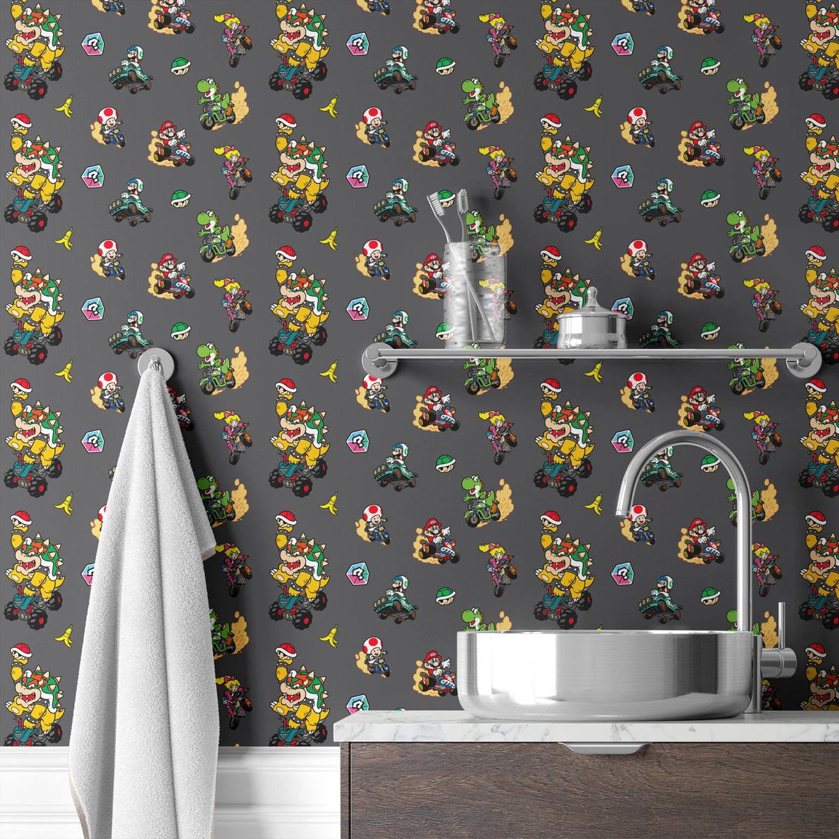 Mario Kart™ World 2D Friends in Action on Dark Grey Wallpaper