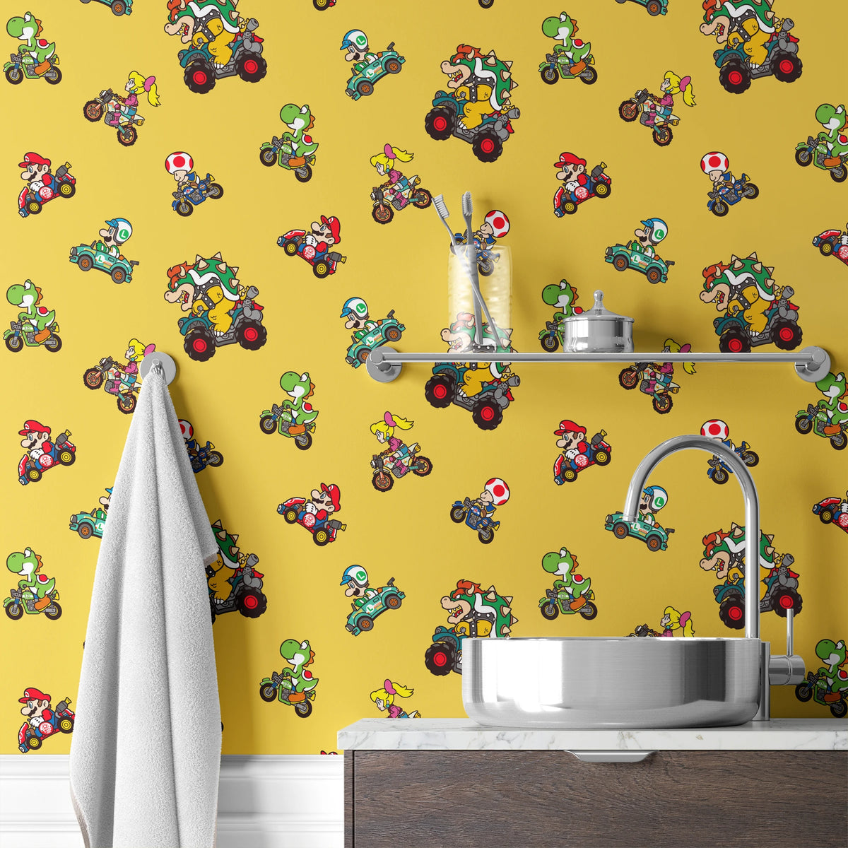 Mario Kart™ World 2D Driving Friends on Yellow Wallpaper