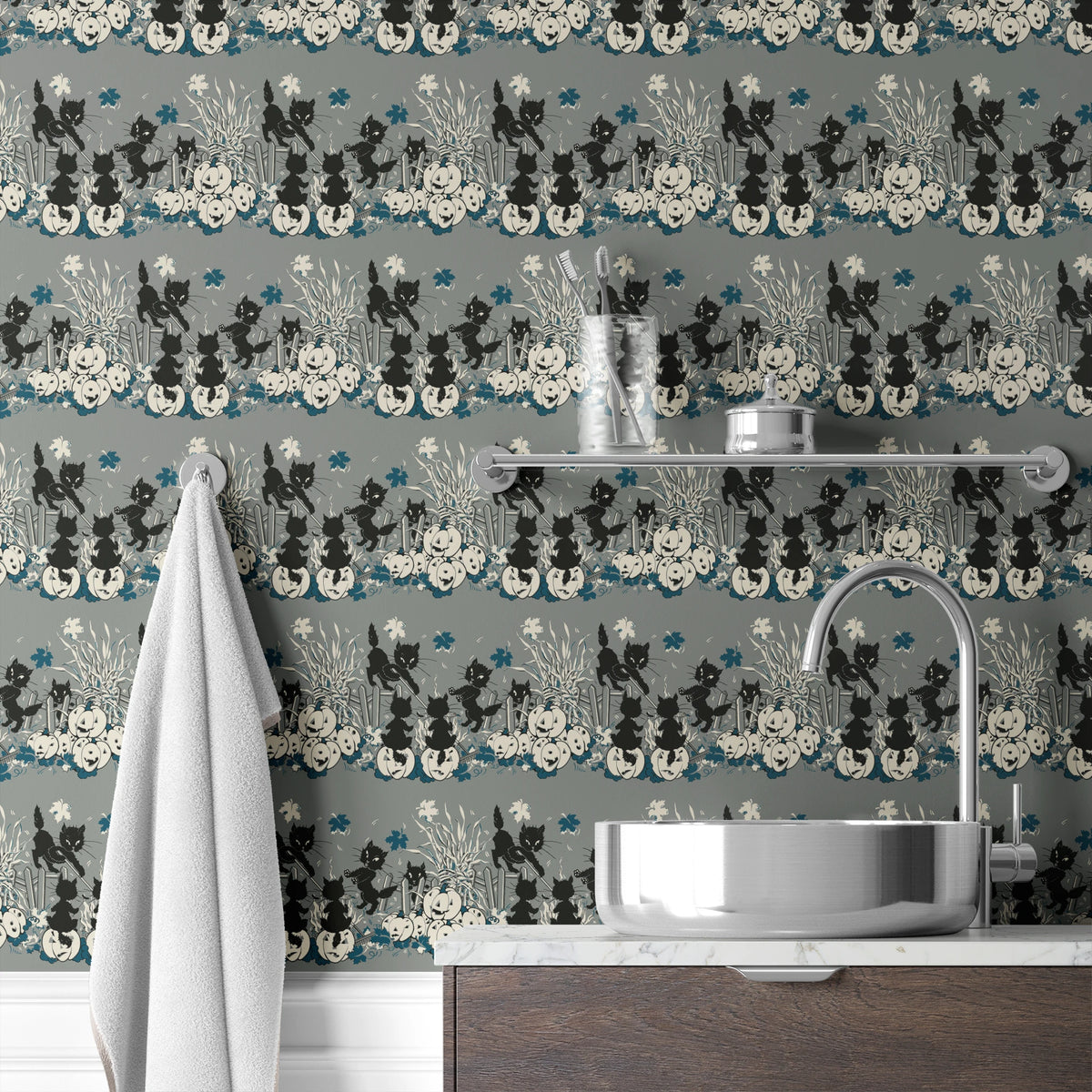 Spooky Cats on Mummy Gray Wallpaper