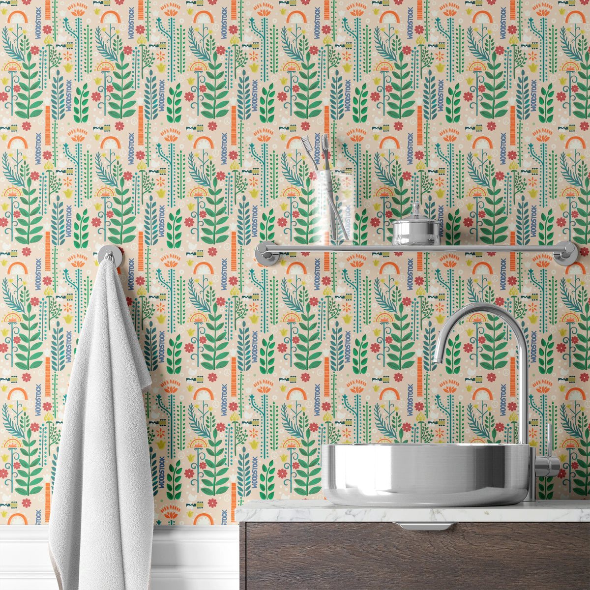 Woodstock Retro Greenery on Tan Wallpaper