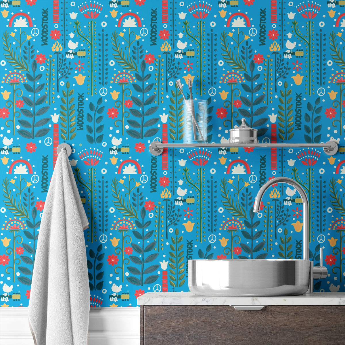 Woodstock Retro Greenery on Blue Wallpaper