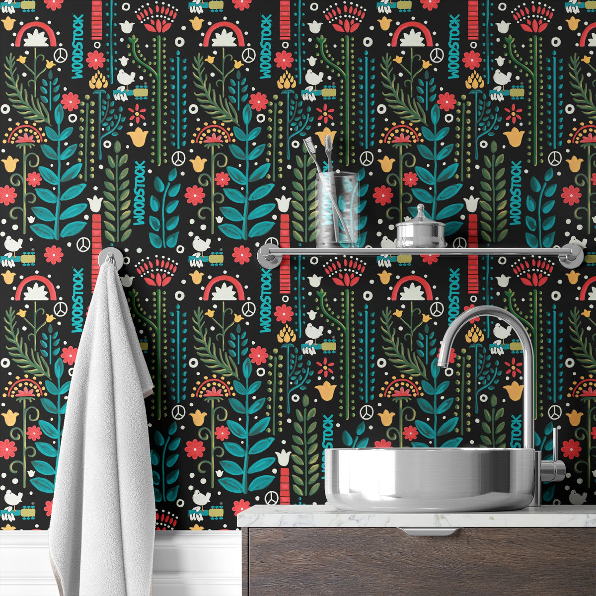 Woodstock Retro Greenery on Black Wallpaper