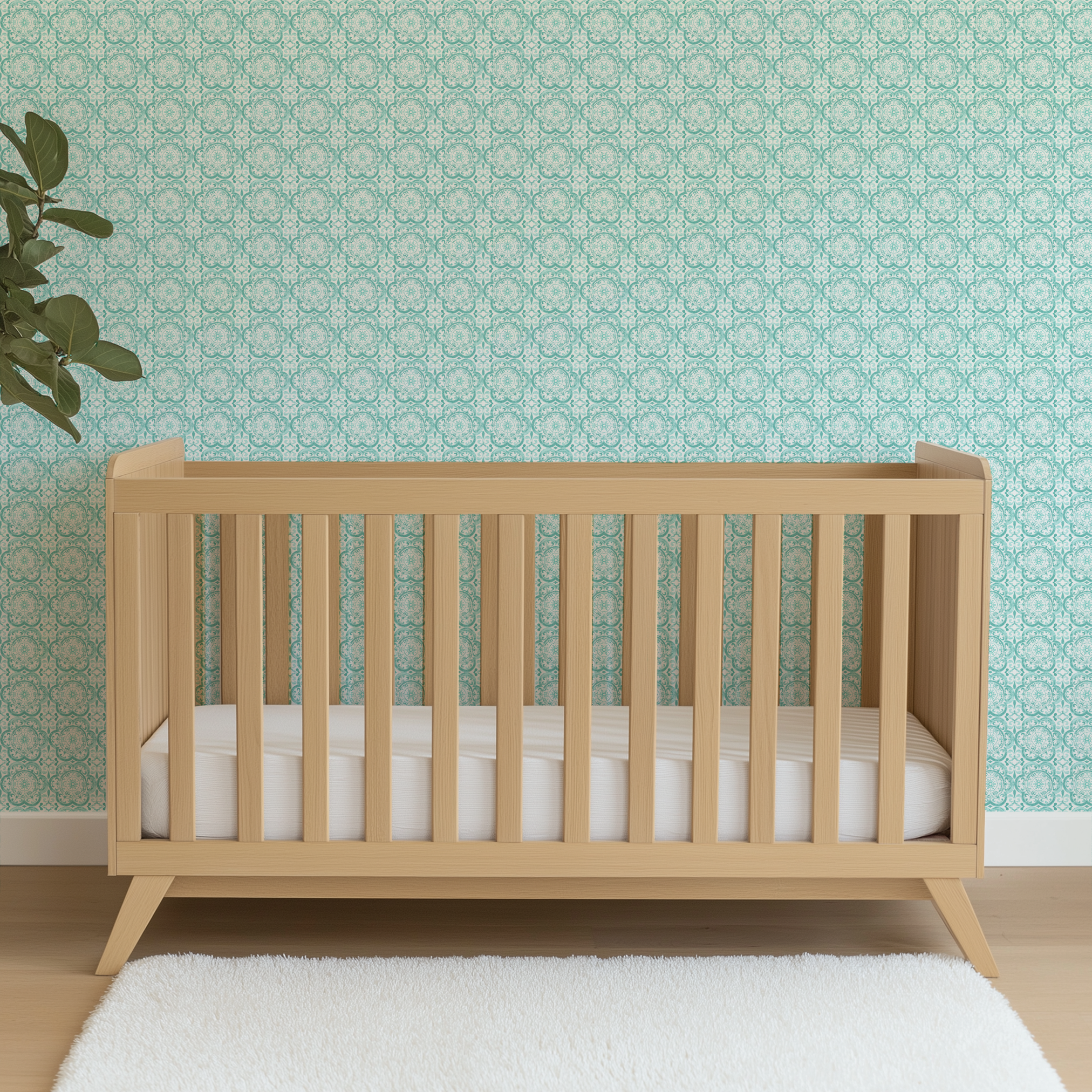 Teal medallion tile-inspired design with intricate floral and scroll details by Nicole Tamarin, from the Squeeze the Day collection. wallpaper crib mockup