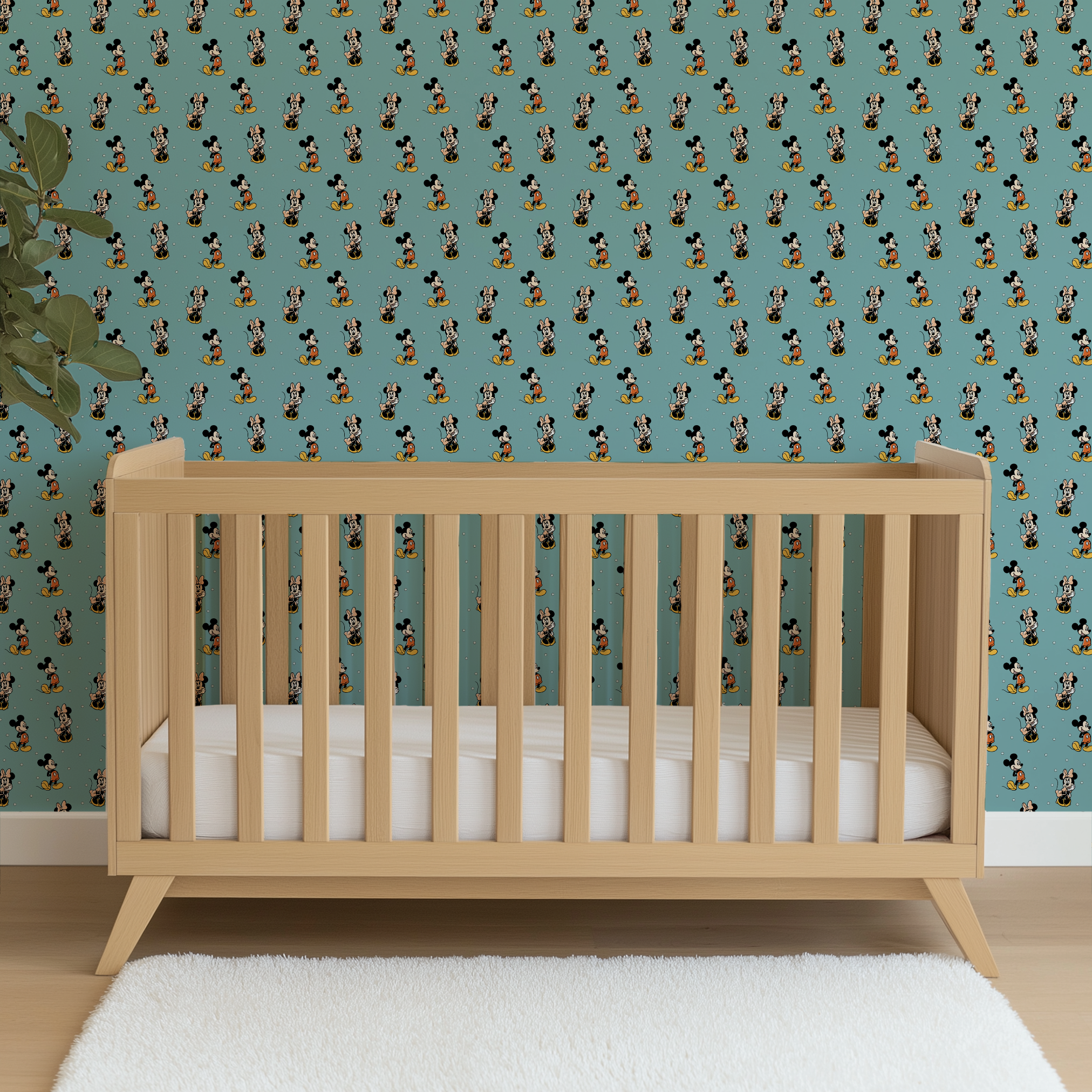 Cartoon pattern of Mickey and Minnie Mouse characters on light blue background with white dots wallpaper crib mockup