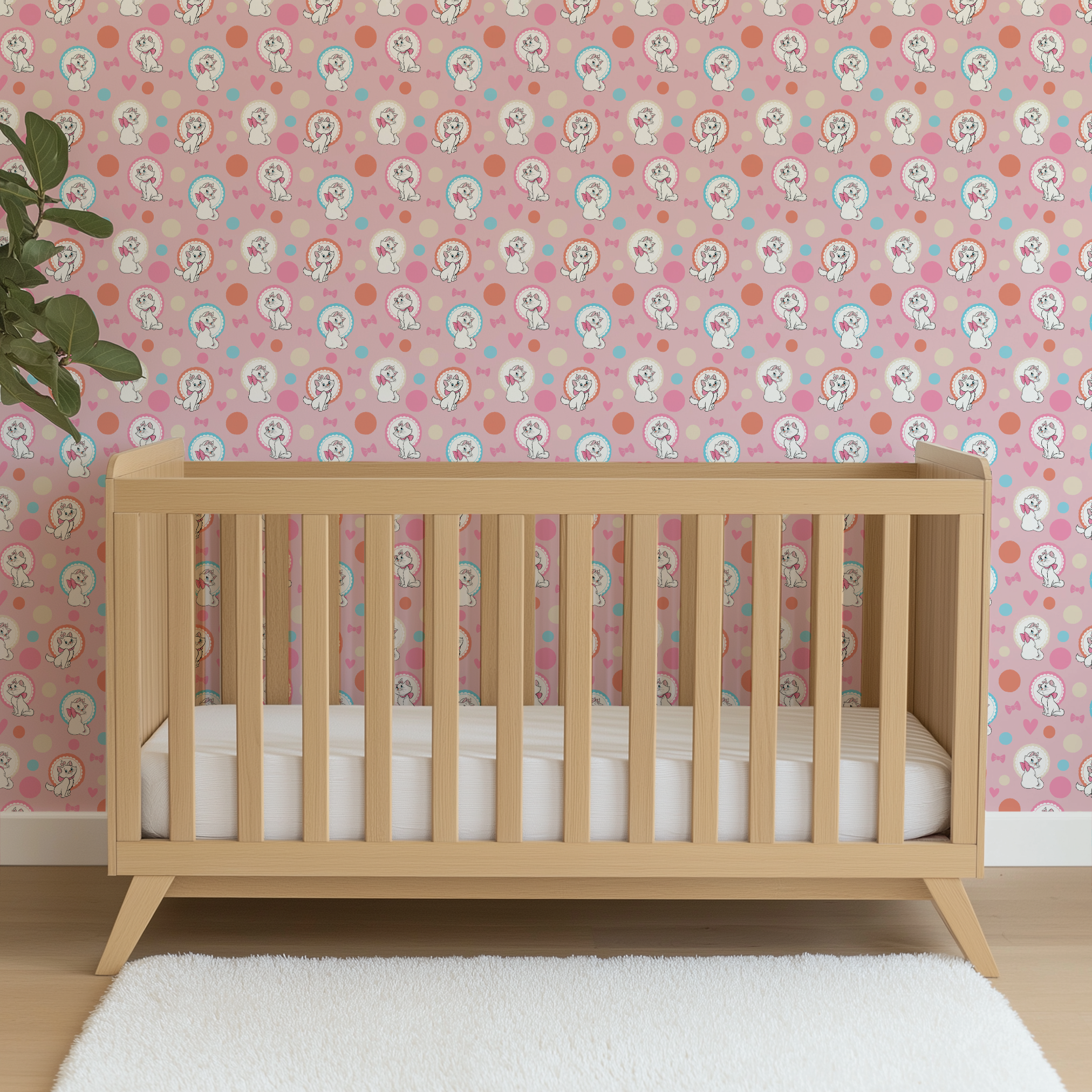 Marie from The Aristocats with pink bows in decorative circular frames on pink polka dot background with bow motifs wallpaper crib mockup